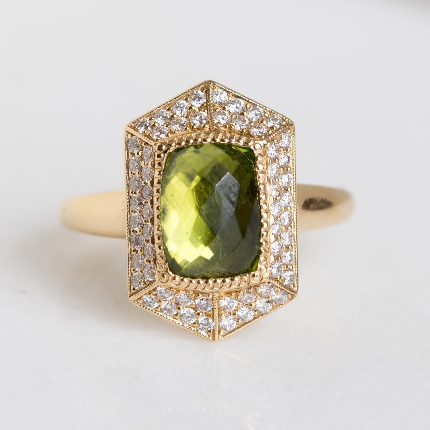 Erica Molinari Trunk Show: Ring, Renaissance pave hexagon with Peridot, .50ct, Diamonds, 18K gold, Size 5 3/4