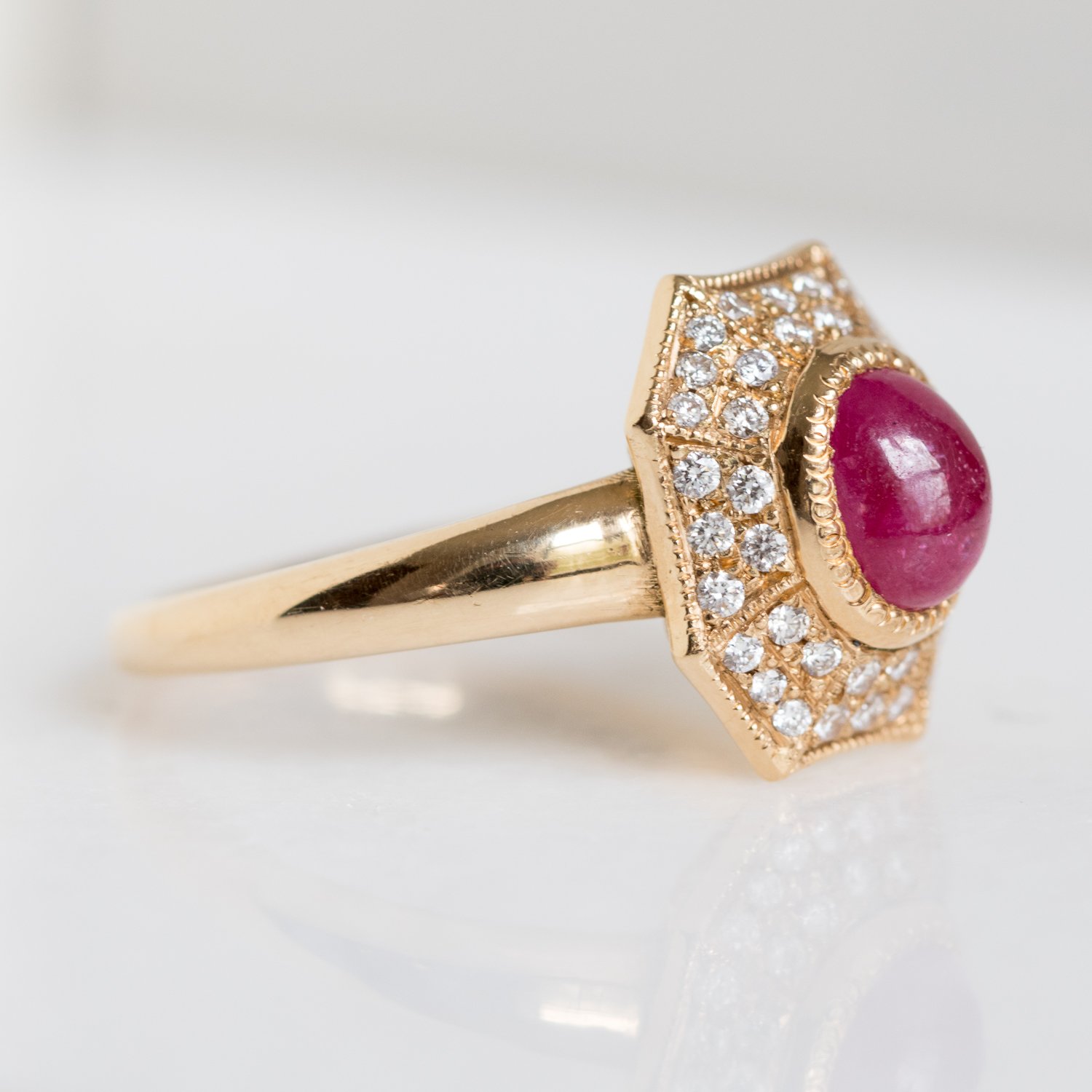 Erica Molinari Trunk Show: Ring, Renaissance baby octagon with Pink spinel, .28ct, Diamonds, 18K gold, Size 6 1/2