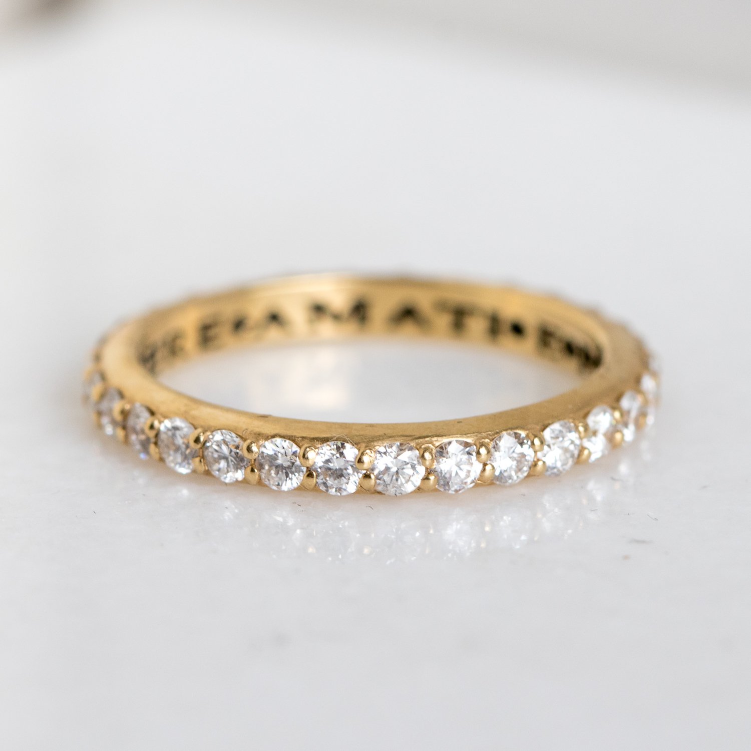 Erica Molinari Trunk Show: Ring, Medium eternity band, "Who being loved is poor?" Oscar Wilde, White diamonds, .90 TCW, 18K gold, Size 6 1/2