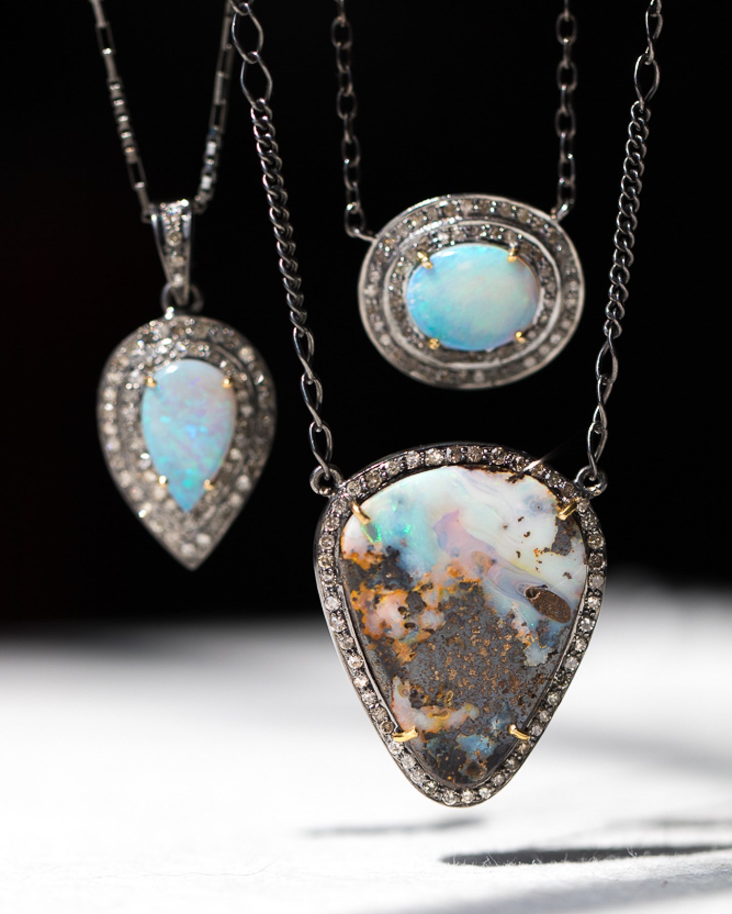 Robindira Unsworth: Necklace w/ oxidized SS, 14k gold prongs, champagne diamonds, Australian opal
