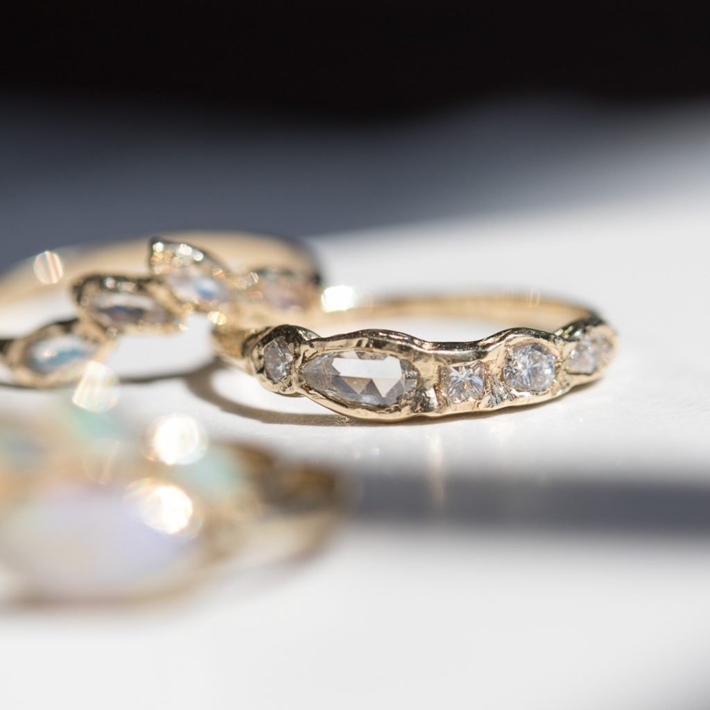 Gold pear, rose cut, marquis, round, princess cut diamond ring by Misa Jewelry