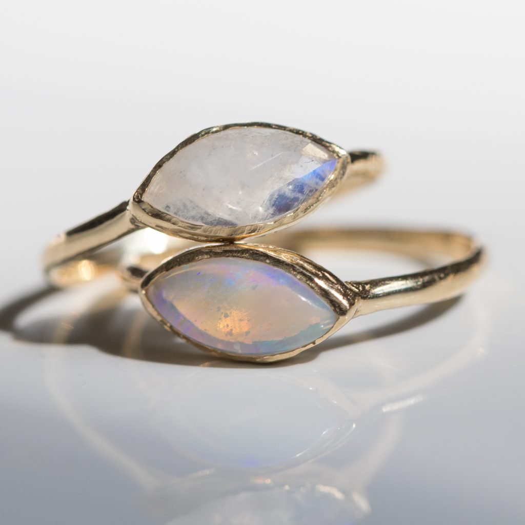 Moonstone and opal stones in gold by Misa Jewelry