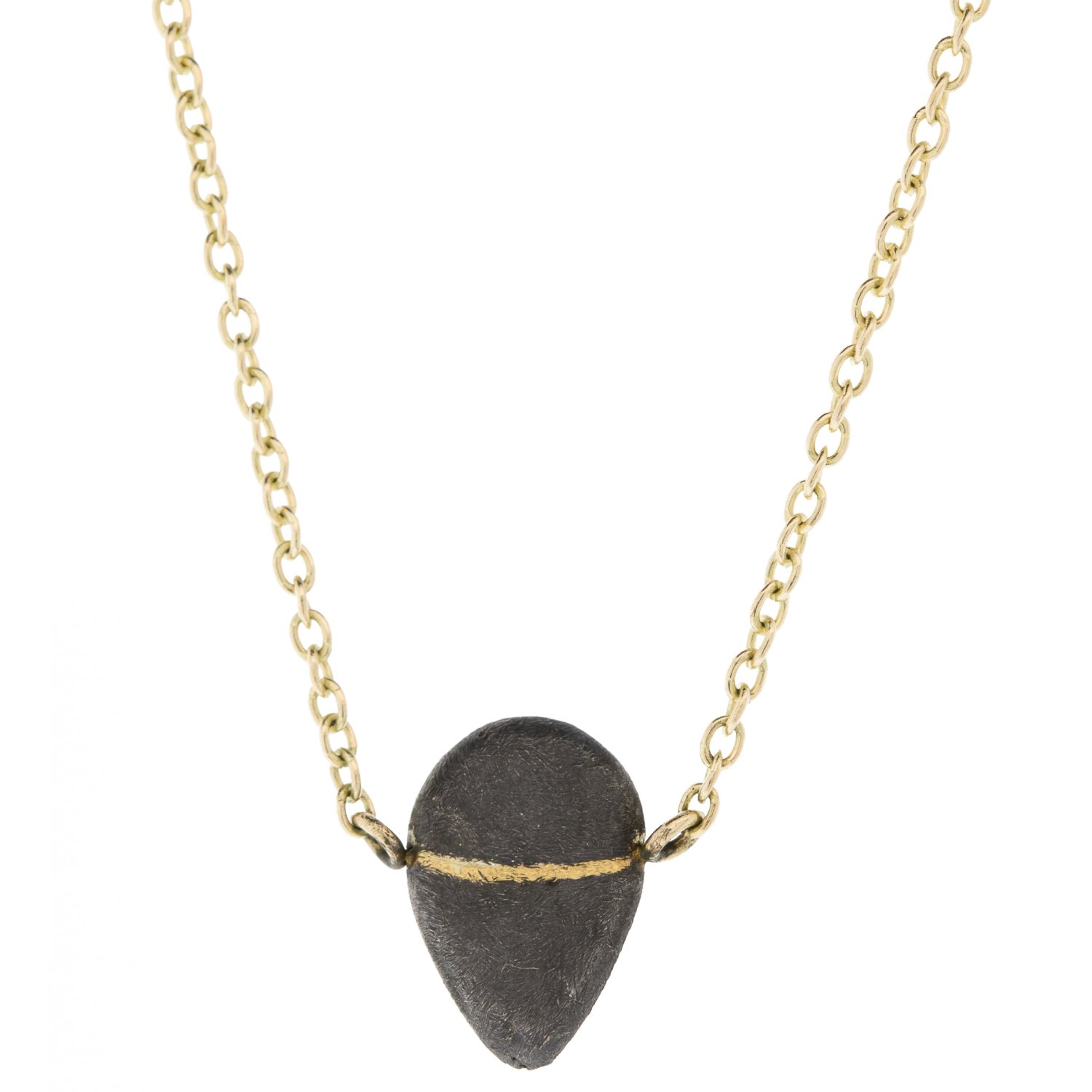 Shaesby: Necklace, Inlay Teardrop, 22K gold, Oxidized silver, 14K gold chain, 15" in length.