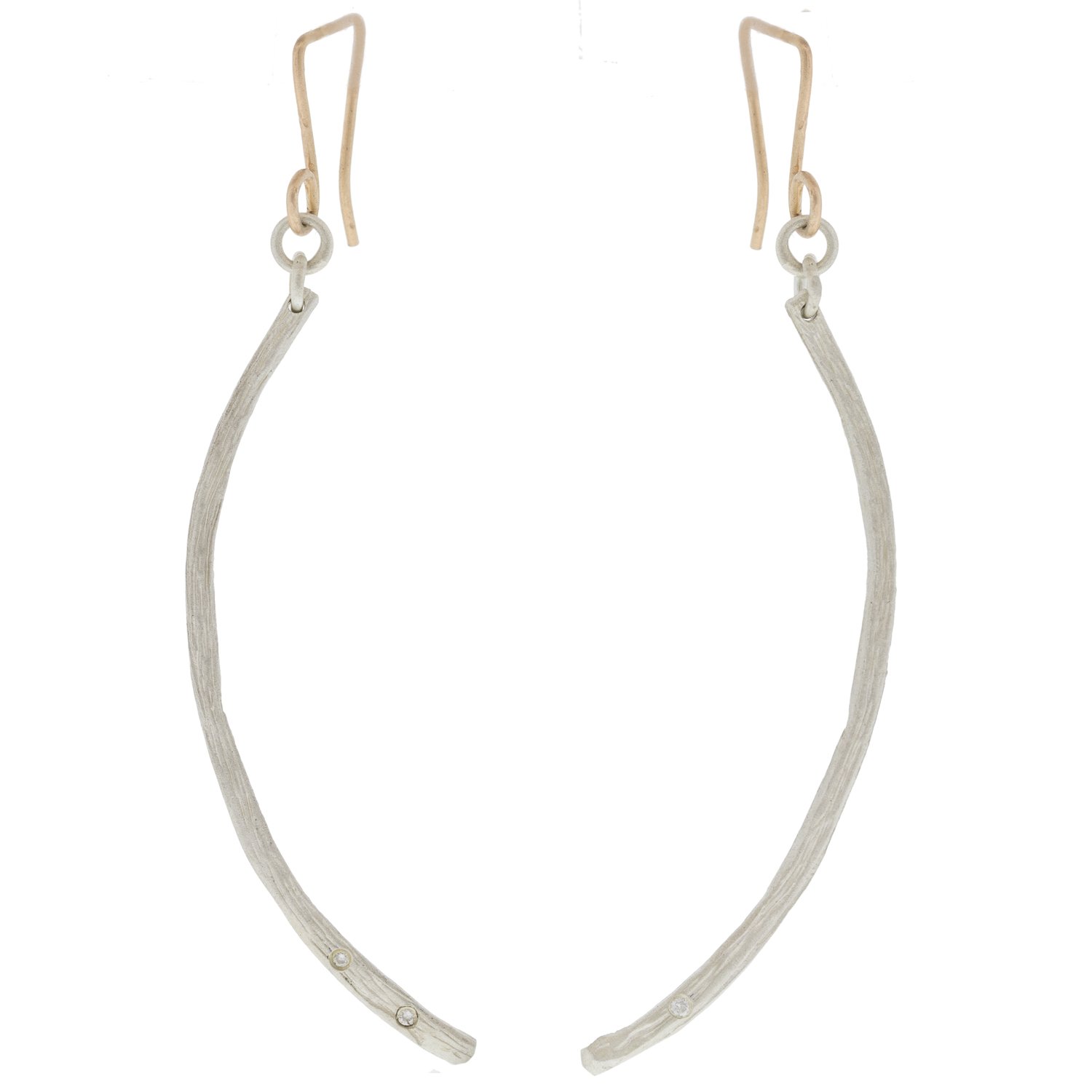 Saundra Messinger: Dancing textured curve earring on hanging earwire with 3 diamonds