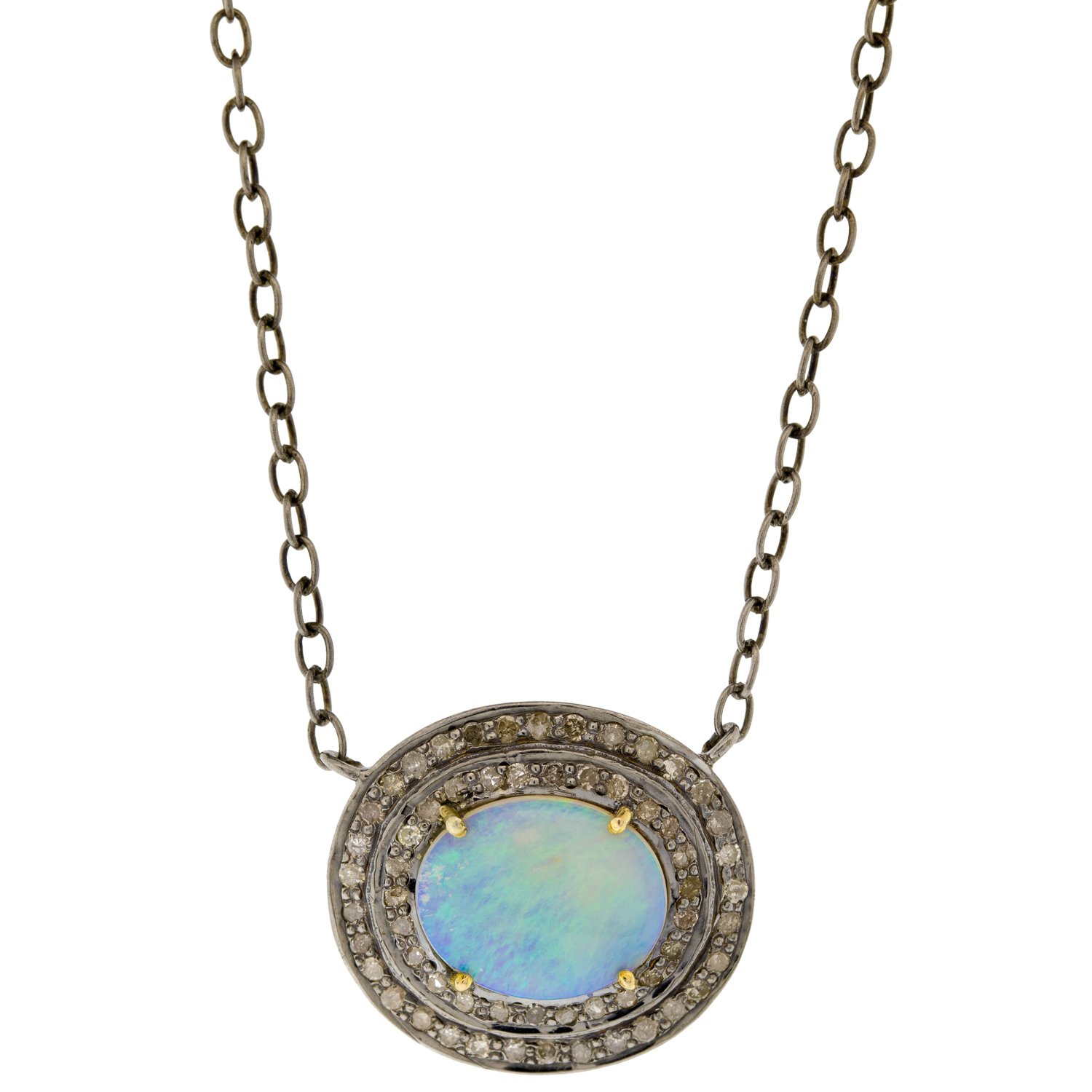 Robindira Unsworth: Necklace w/ oxidized SS, 14k gold prongs, champagne diamonds, Australian opal
