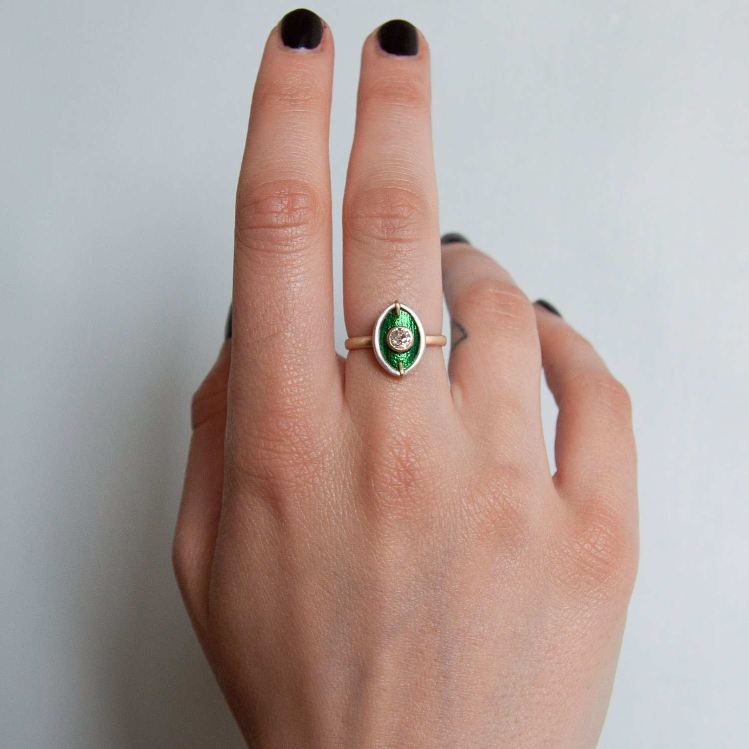 Hannah Blount: Bright sterling silver and 18K gold jewel beetle wing and .3ct diamond vanity ring size 6.5