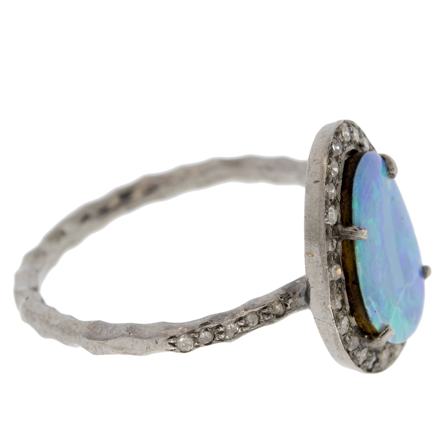 Robindira Unsworth: Rhodium plated SS ring, champagne diamond pave opal