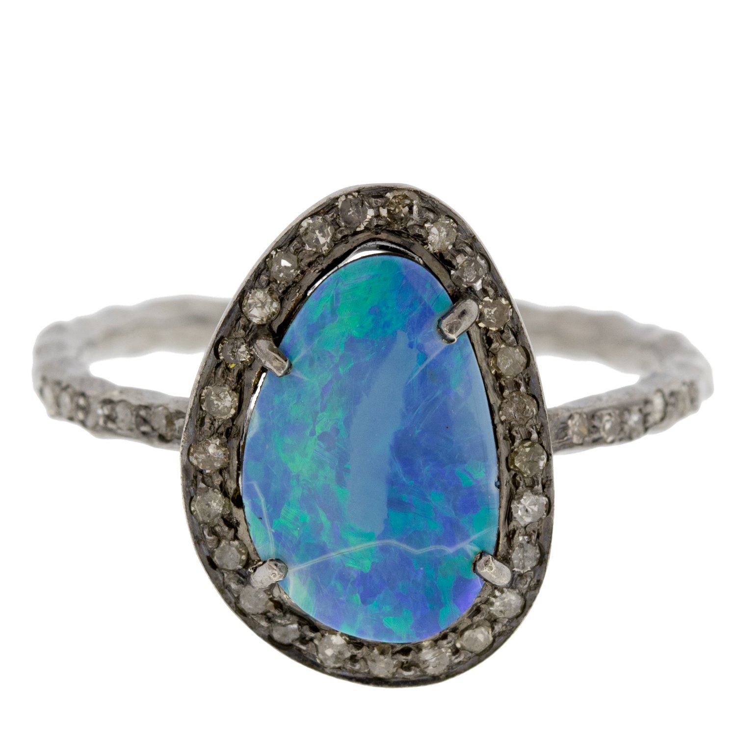 Robindira Unsworth: Rhodium plated SS ring, champagne diamond pave opal