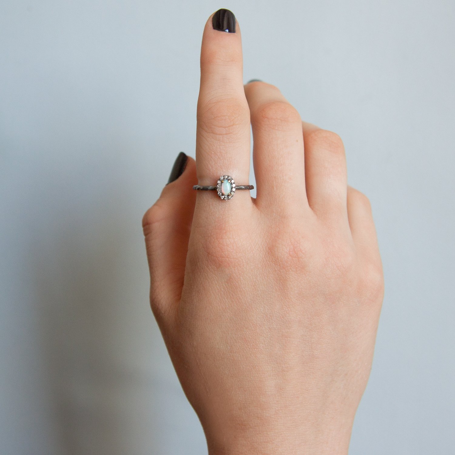 Robindira Unsworth: Oxidized SS ring, 14k gold prongs, Australian Opal