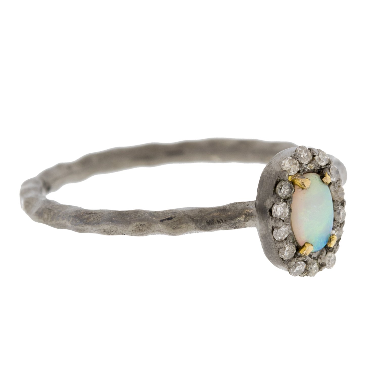 Robindira Unsworth: Oxidized SS ring, 14k gold prongs, Australian Opal