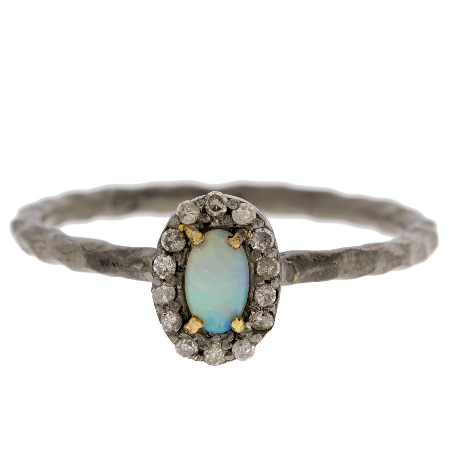 Robindira Unsworth: Oxidized SS ring, 14k gold prongs, Australian Opal