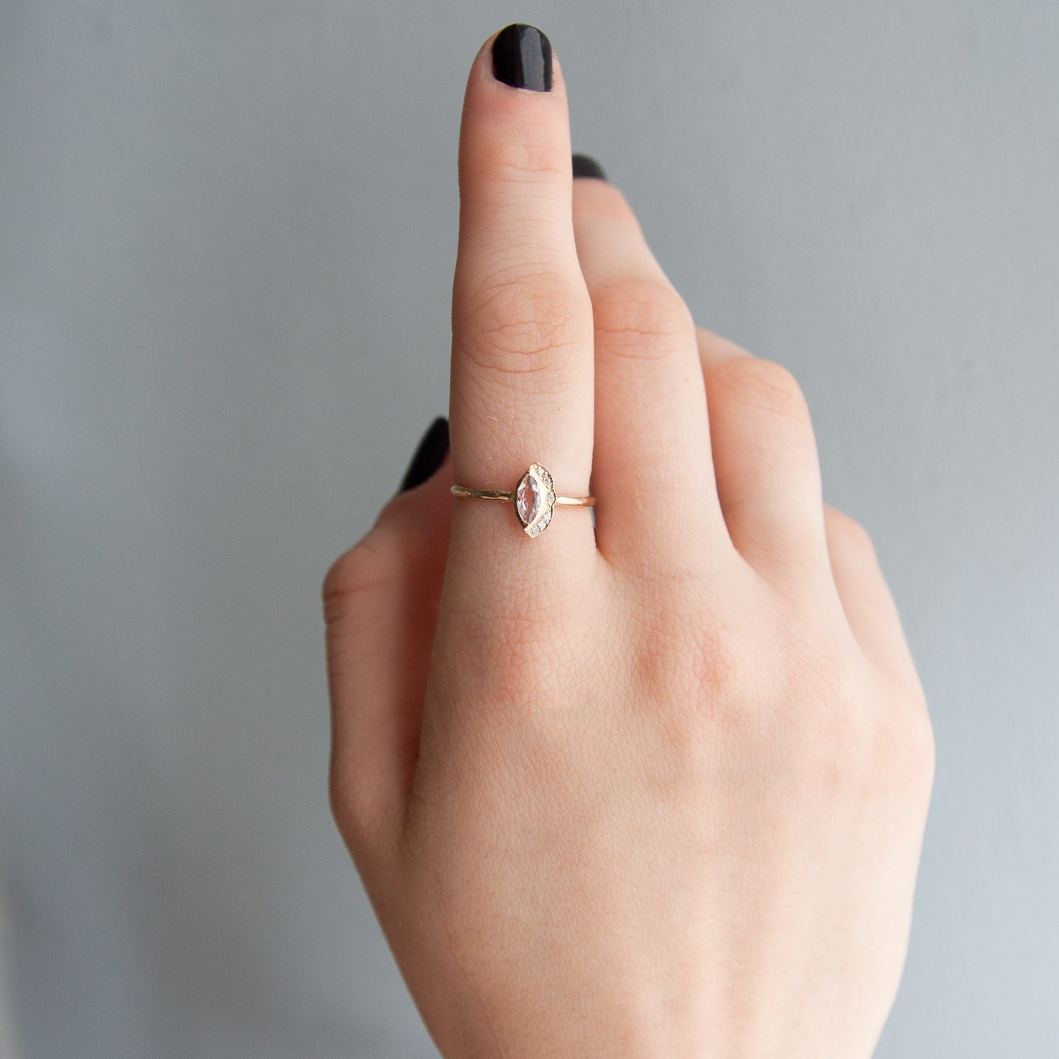 Misa Jewelry: Petite native marquis morganite center, white round brilliant diamons ringring