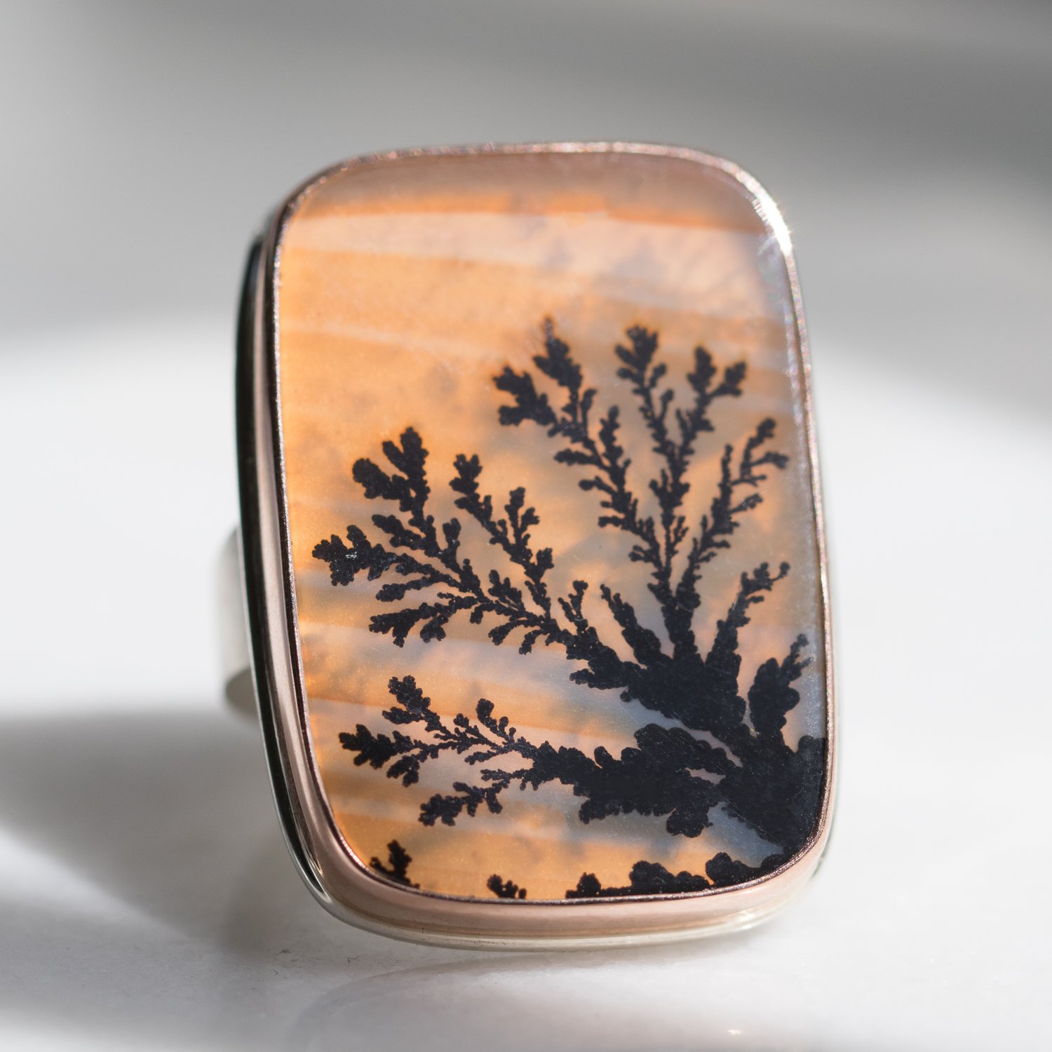 Jamie Joseph: SS and 14k Rose Gold Ring w/ rectangular dendritic agate on tapered y band