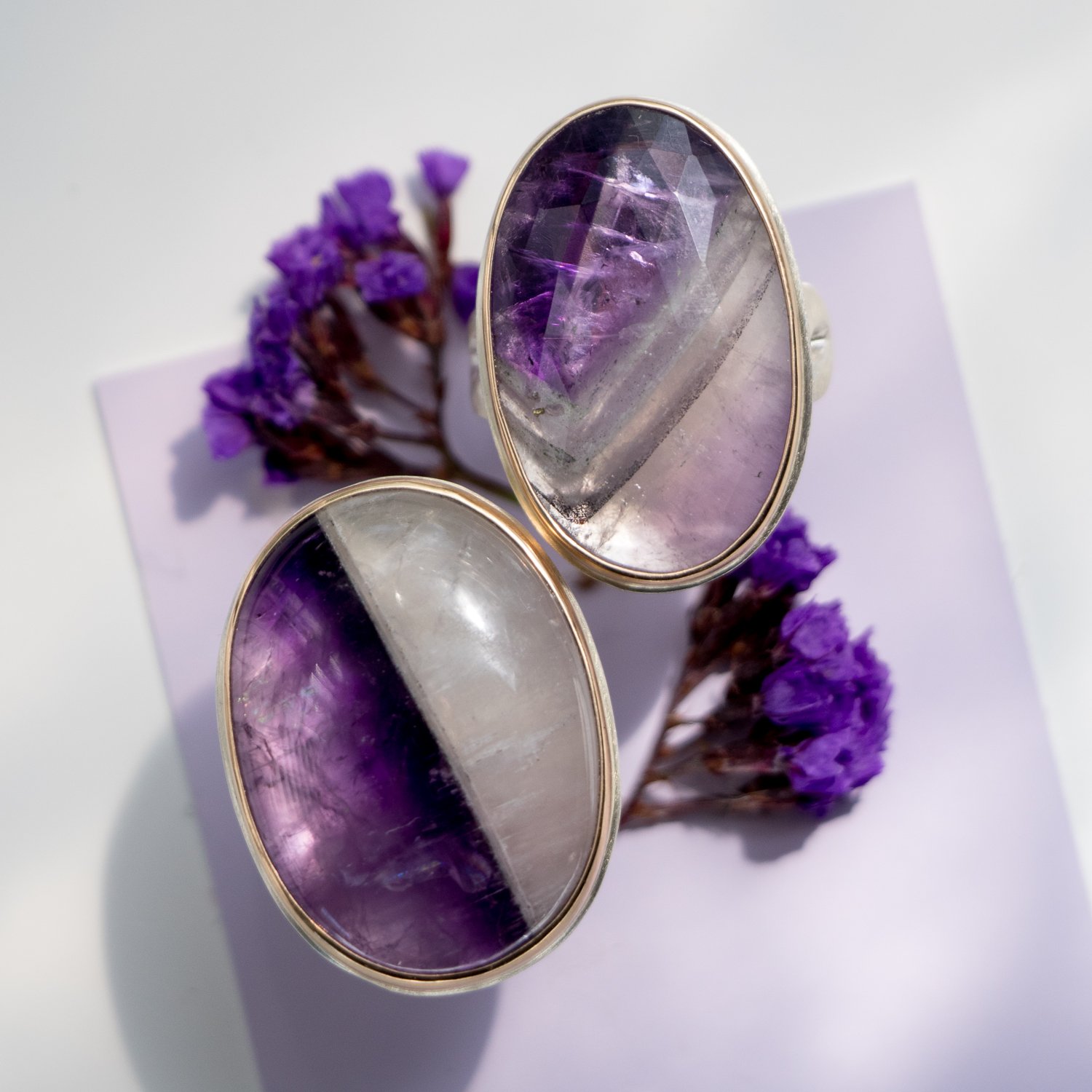 Jamie Joseph: SS and 14k Gold Ring w/ oval amethyst and quartz on madrona band