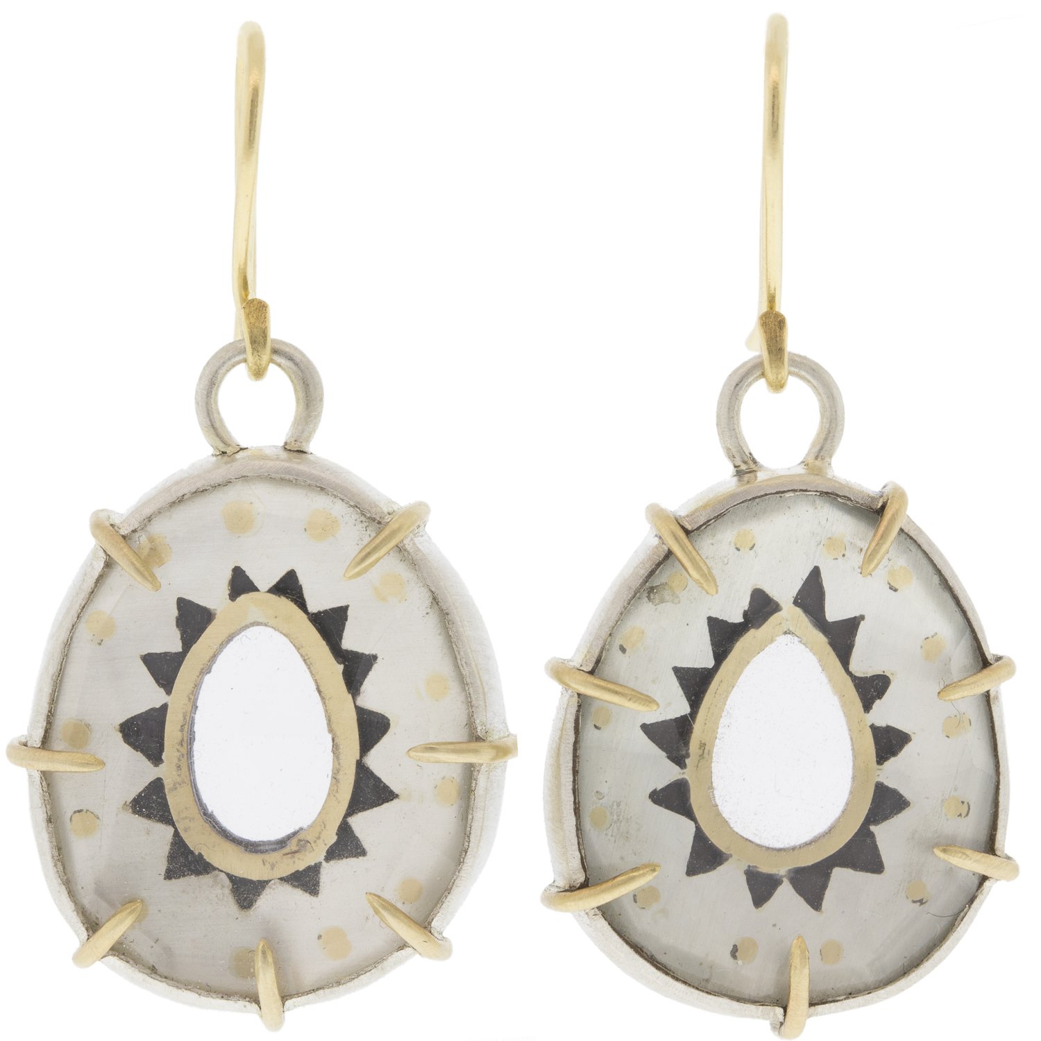 Hannah Blount: bright silver oxidized silver and 14k gold egg pierced setting quartz vanity earrings 23.4 ct clear quartz