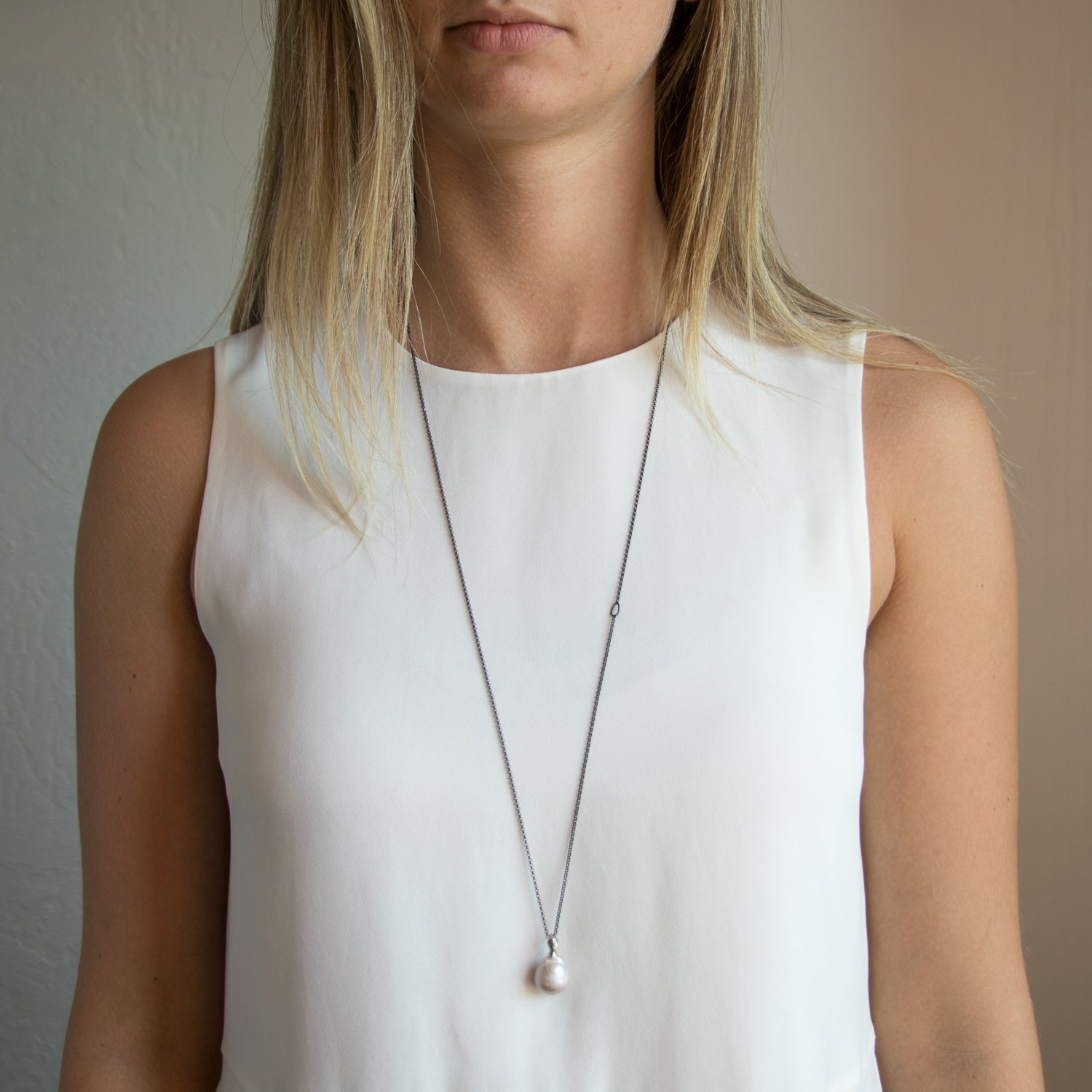 Hannah Blount: Oxidized silver and lavendar pearl pink lady cameo necklace