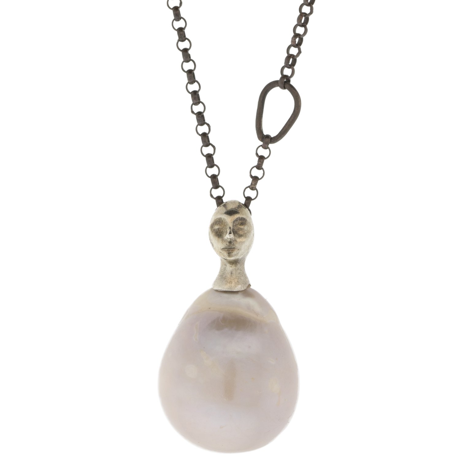 Hannah Blount: Oxidized silver and lavendar pearl pink lady cameo necklace
