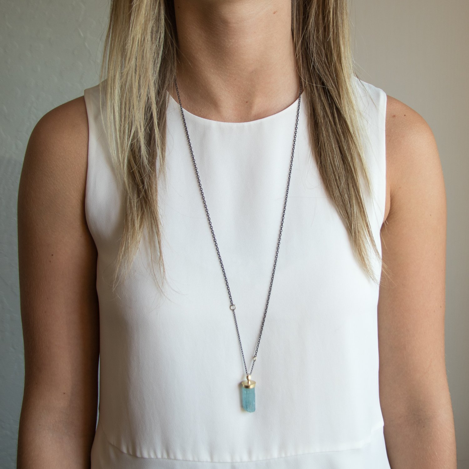 Hannah Blount: Oxidized silver 18k gold wailua waterfall cameo necklace with 26.5ct aquamarine .02ct omc diamond