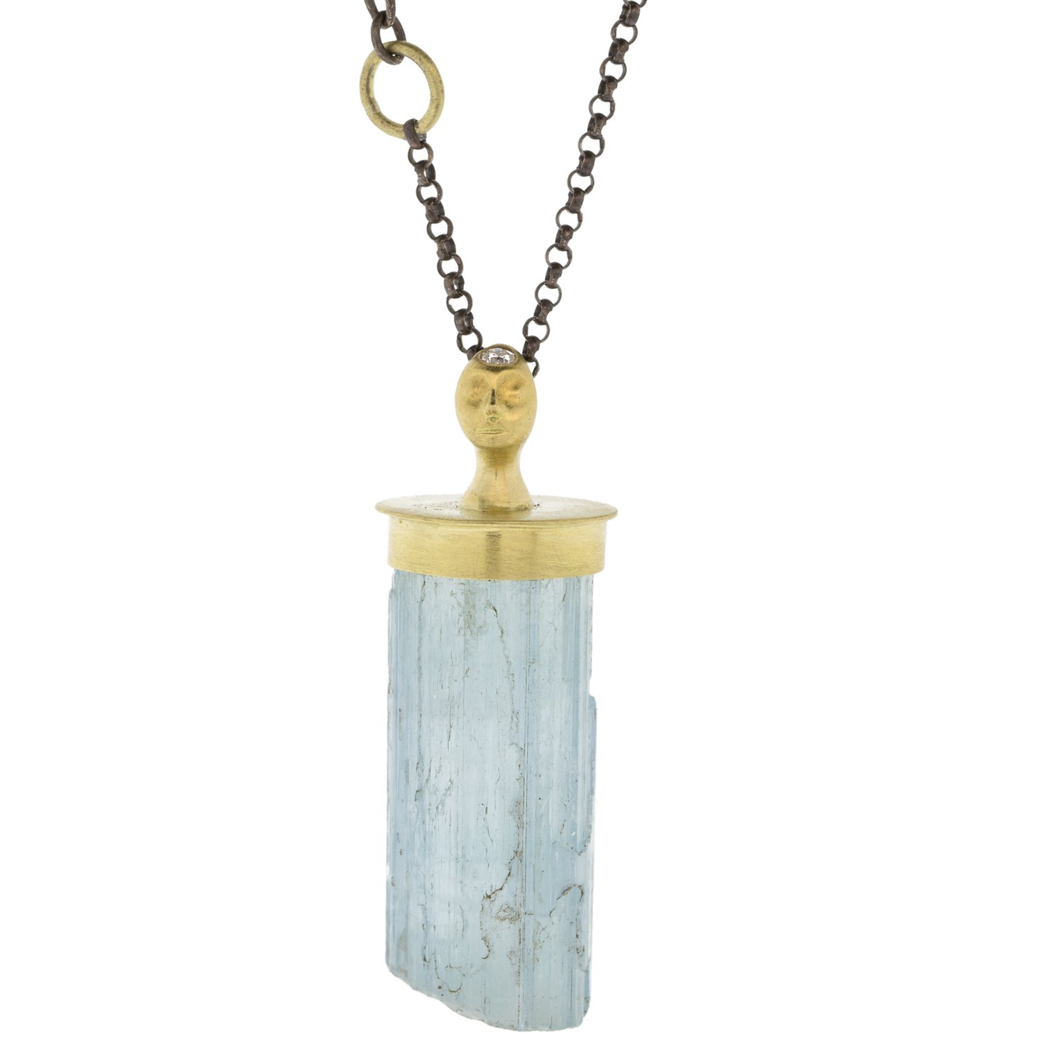 Hannah Blount: Oxidized silver 18k gold wailua waterfall cameo necklace with 26.5ct aquamarine .02ct omc diamond