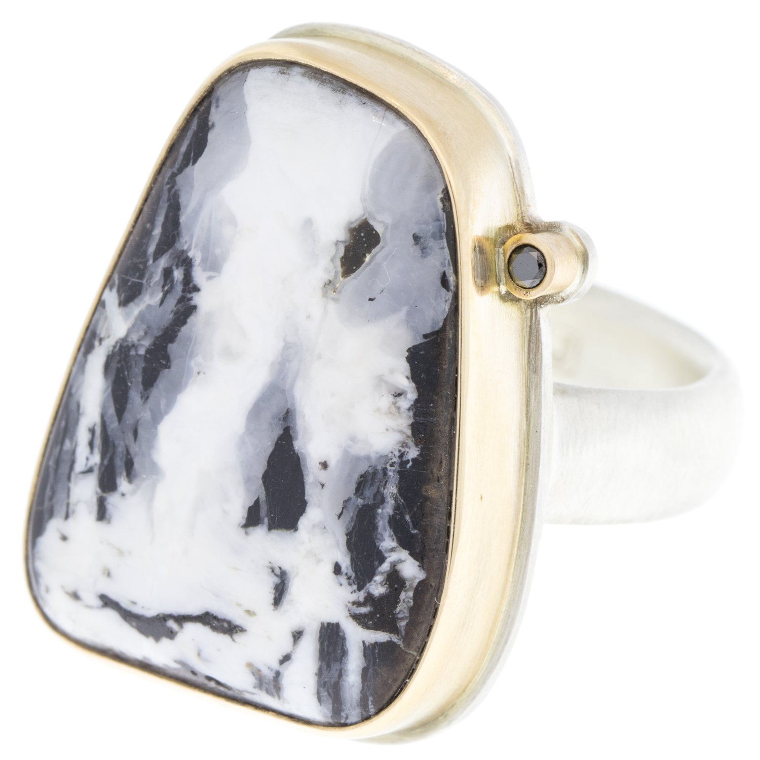 Jamie Joseph: SS and 14k Gold Ring w/ asymmetrical white buffalo turquoise and .025 black satellite diamond on comfort band