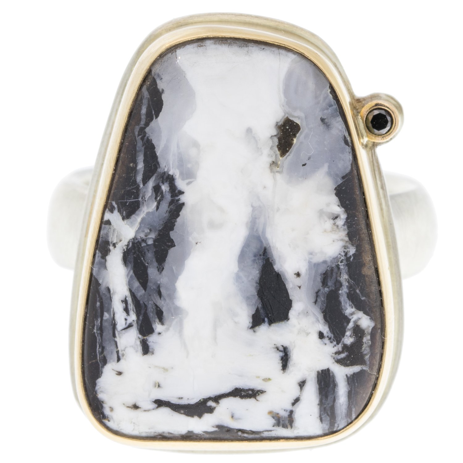 Jamie Joseph: SS and 14k Gold Ring w/ asymmetrical white buffalo turquoise and .025 black satellite diamond on comfort band