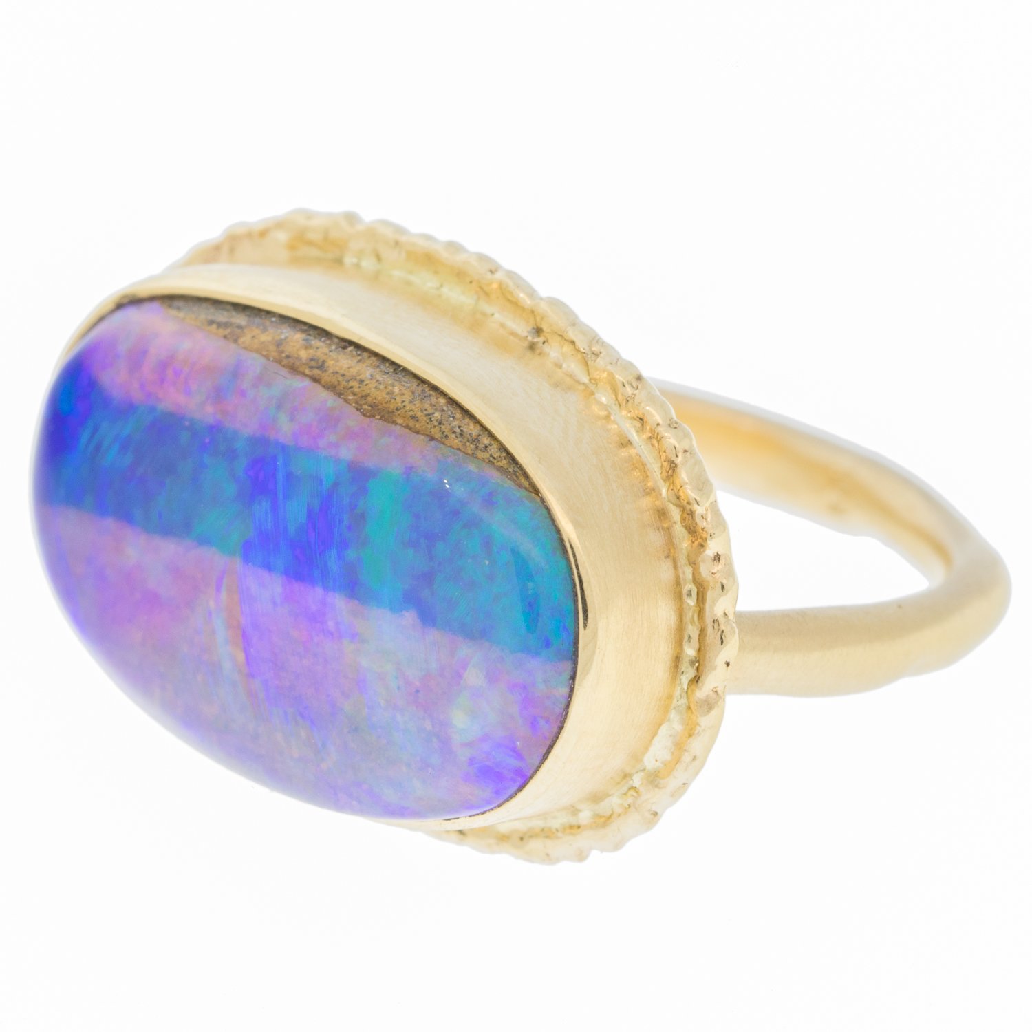 Jamie Joseph:14k Gold Ring w/ oval opalized wood on ruffled platform/delicate facet band