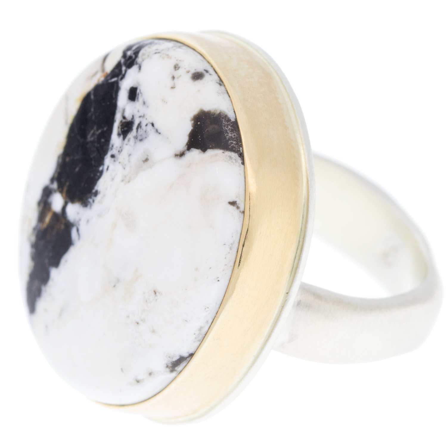 Jamie Joseph: SS and 14k Gold Ring w/ oval white buffalo turquoise on groovy band