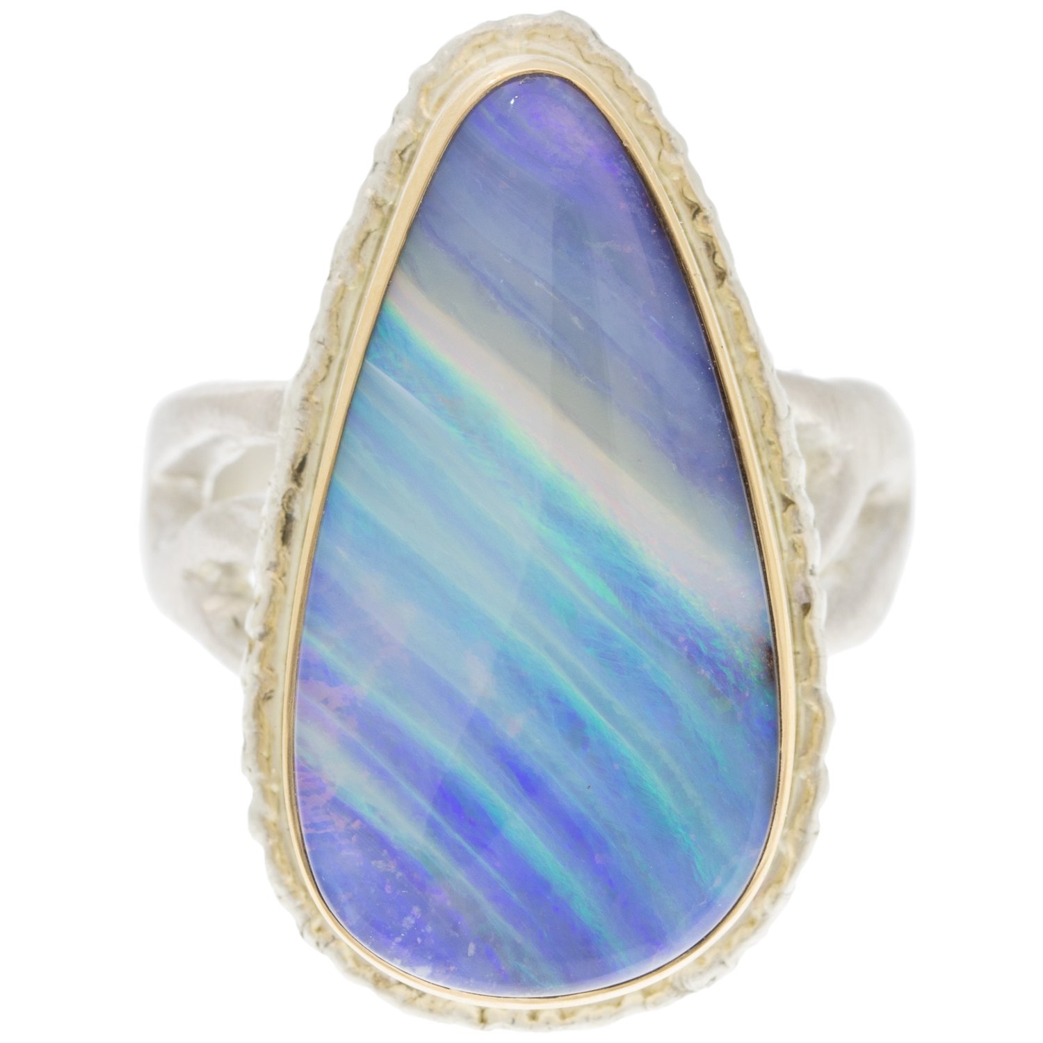 Jamie Joseph: SS and 14k Gold Ring w/ teardrop boulder opal on lava platform/madrona band