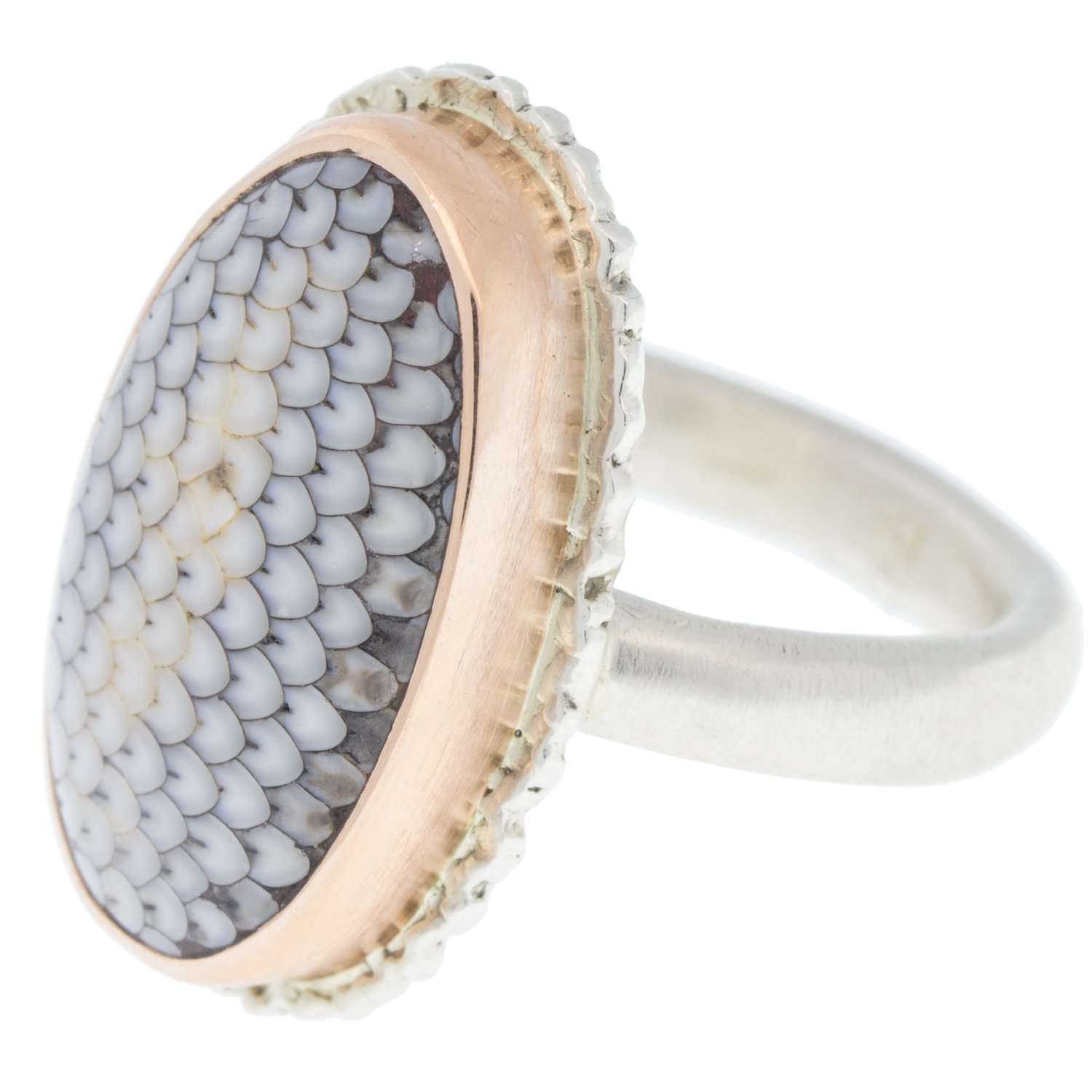 Jamie Joseph: SS and 14k Rose Gold Ring w/ oval snakeskin agate on lava platform/ organic band