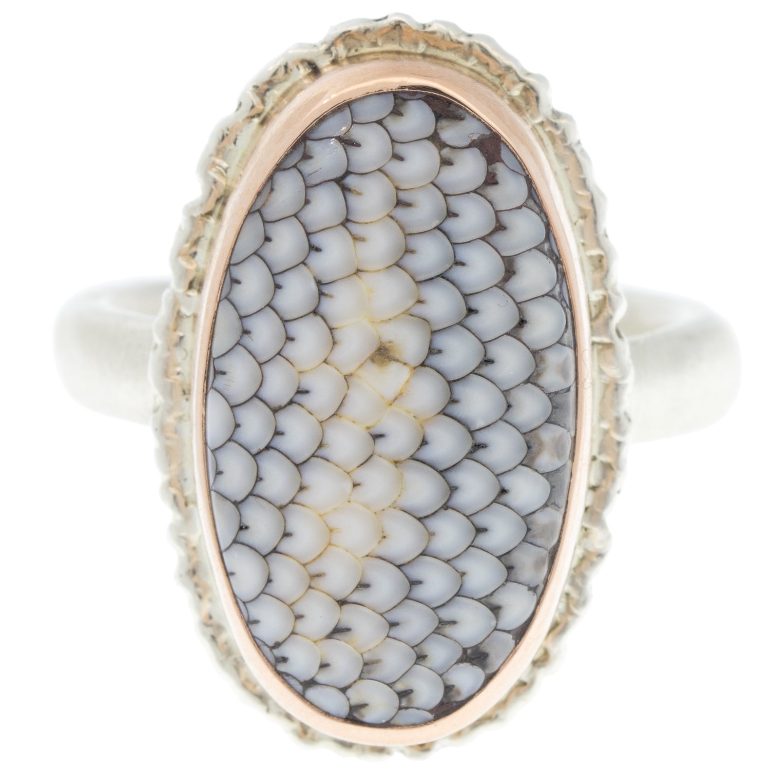 Jamie Joseph: SS and 14k Rose Gold Ring w/ oval snakeskin agate on lava platform/ organic band