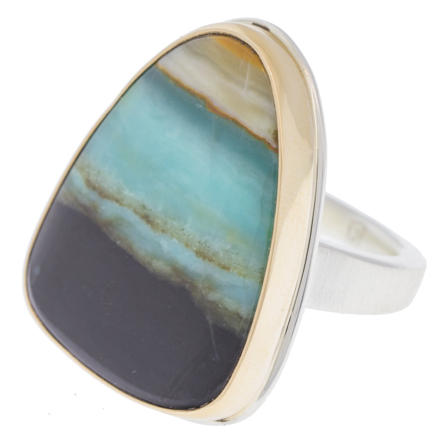 Jamie Joseph: sterling 14k gold ring w/ large vertical asymmetrical smooth indonesian blue petrified opalized wood on tapered X band