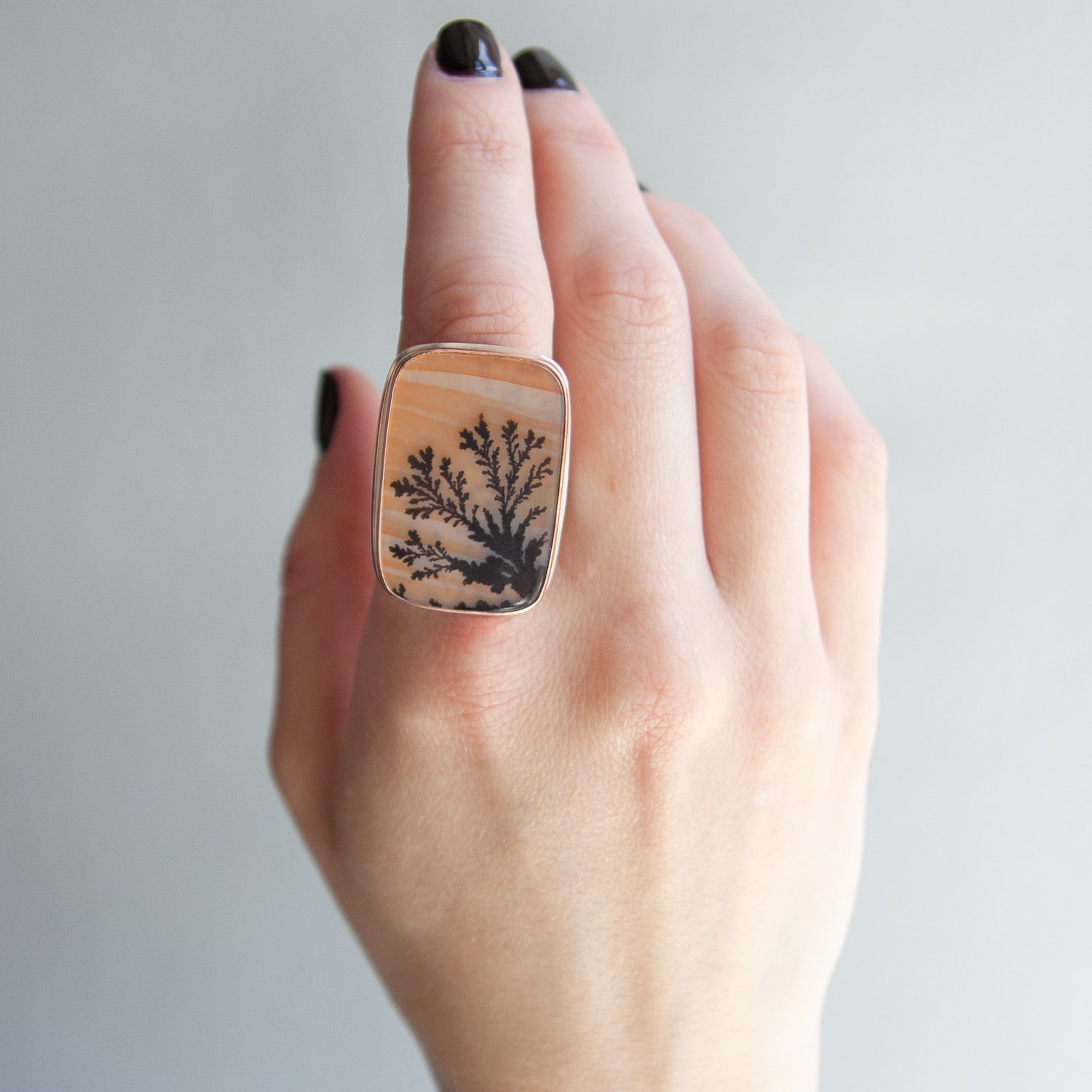 Jamie Joseph: SS and 14k Rose Gold Ring w/ rectangular dendritic agate on tapered y band