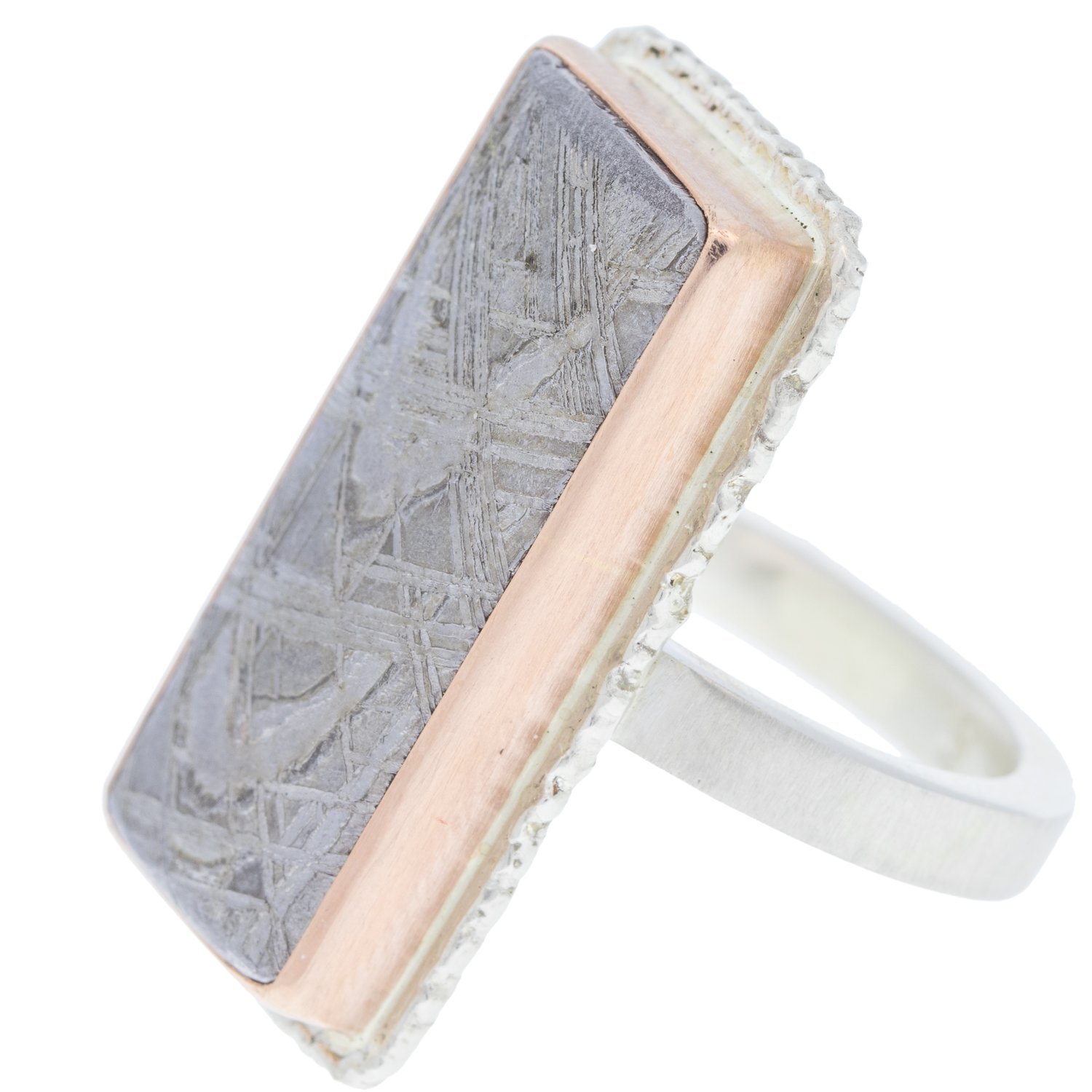 Jamie Joseph: SS and 14k Rose Gold Ring w/ rectangular scrimshaw meteorite on lava platform/ x band