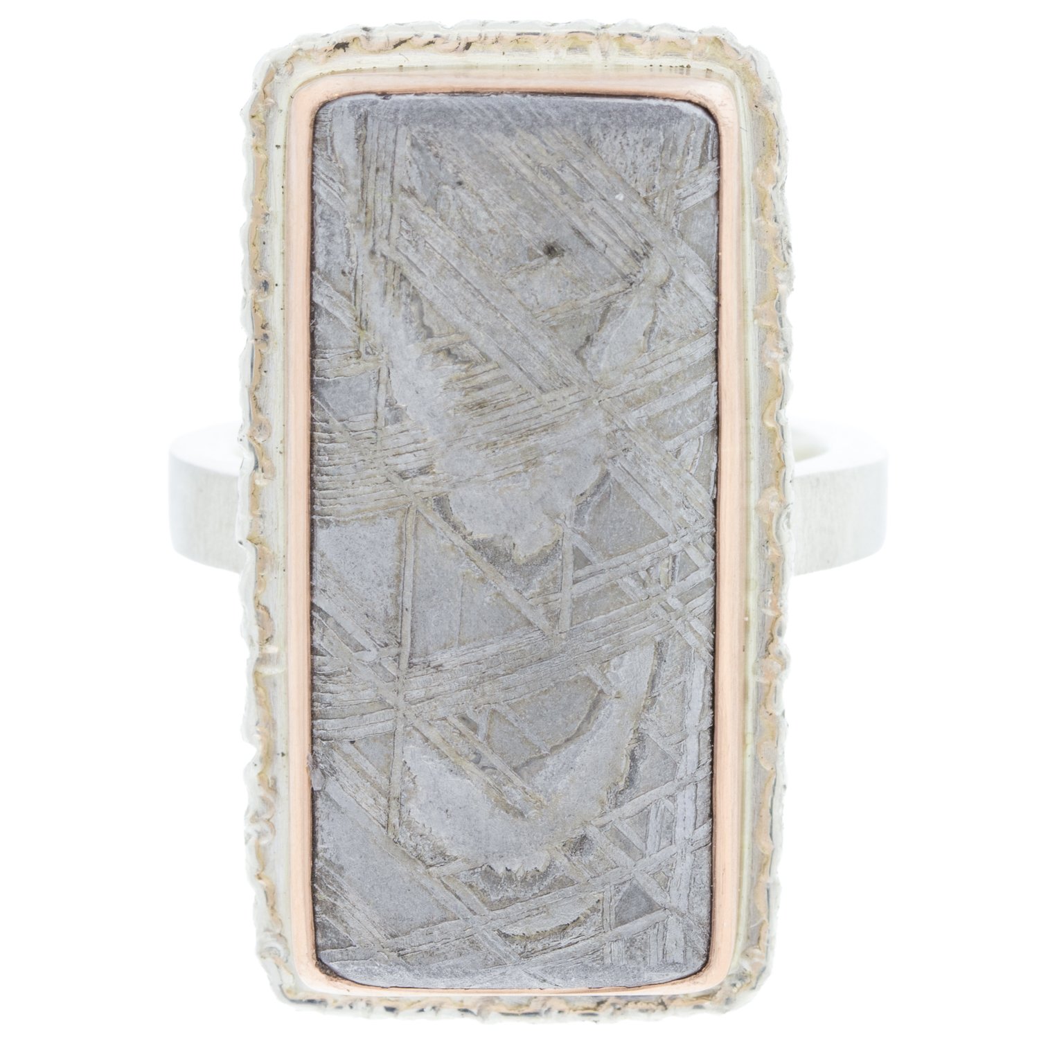 Jamie Joseph: SS and 14k Rose Gold Ring w/ rectangular scrimshaw meteorite on lava platform/ x band