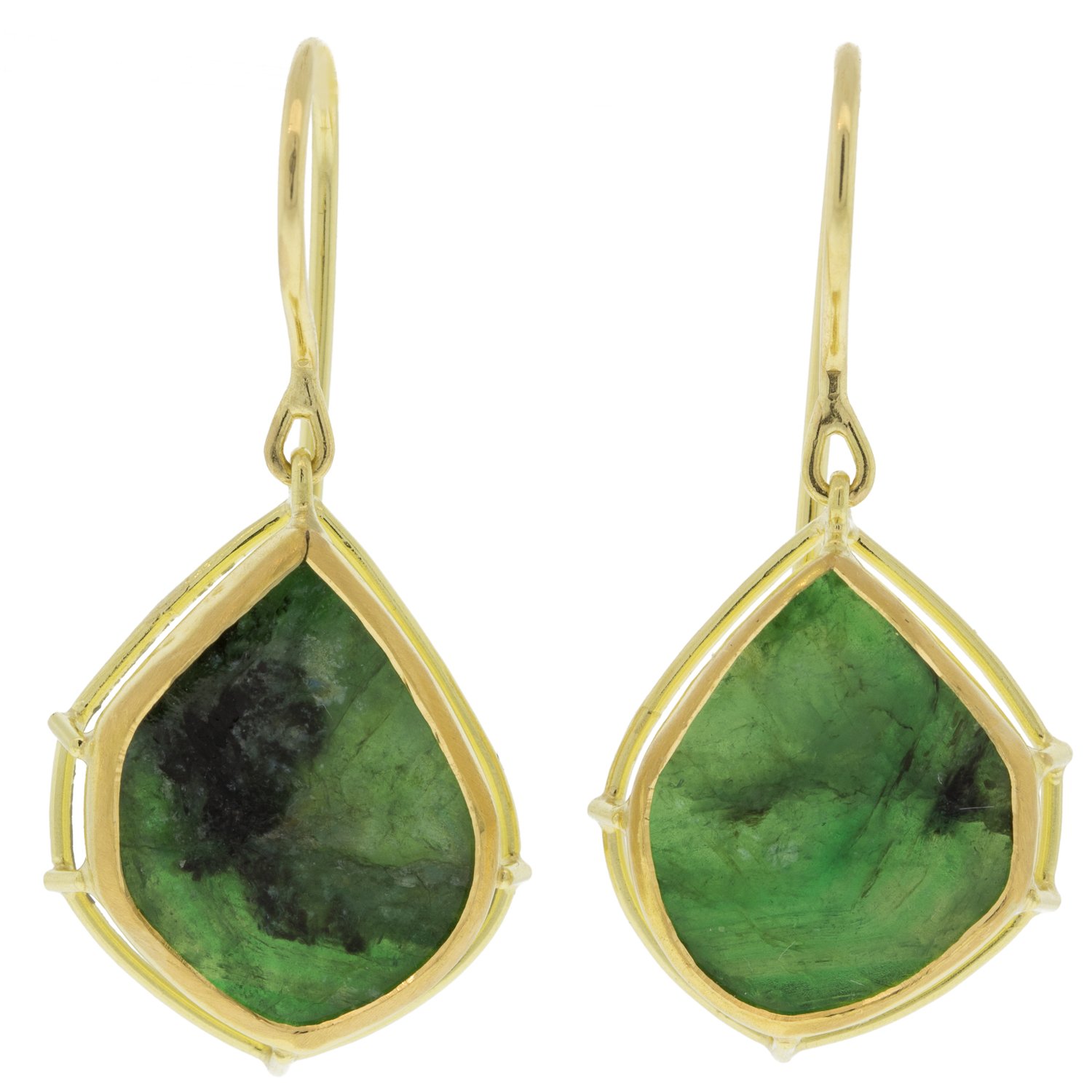 Tura Sugden: 18k & 22k gold earrings with natural emerald slices (4.51 TCW) in a signature elevated setting