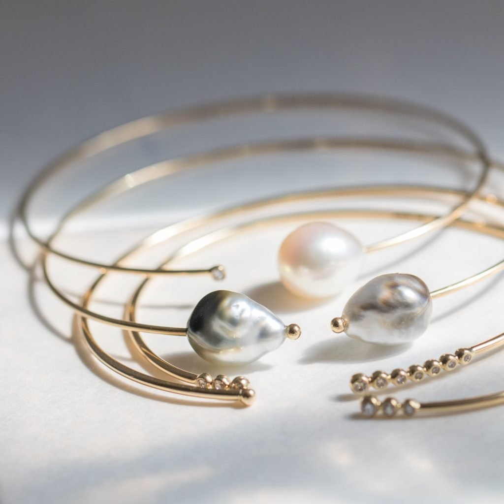 Pearl and diamond cuff bracelets in 14K gold by Mizuki