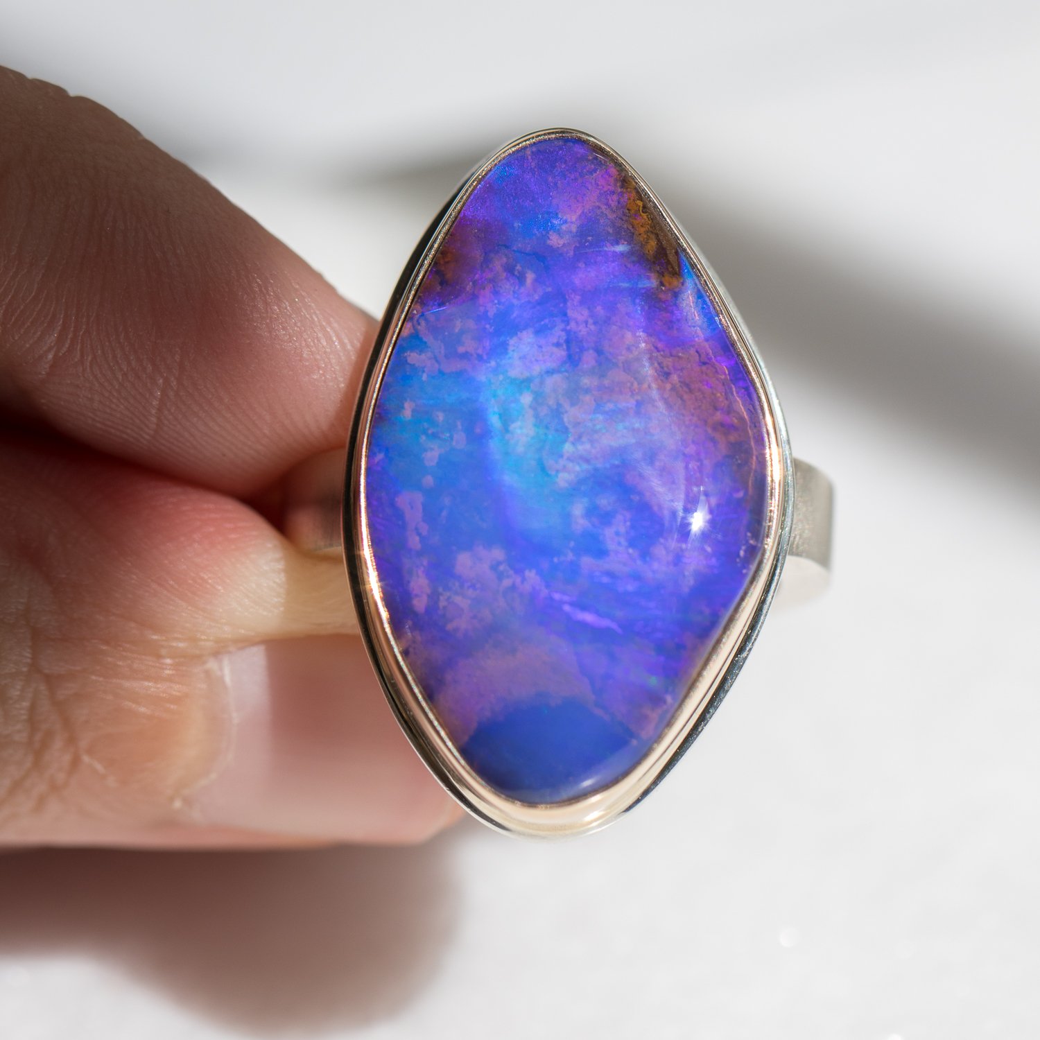 Jamie Joseph: SS and 14k Gold Ring w/ asymmetrical boulder opal on y band