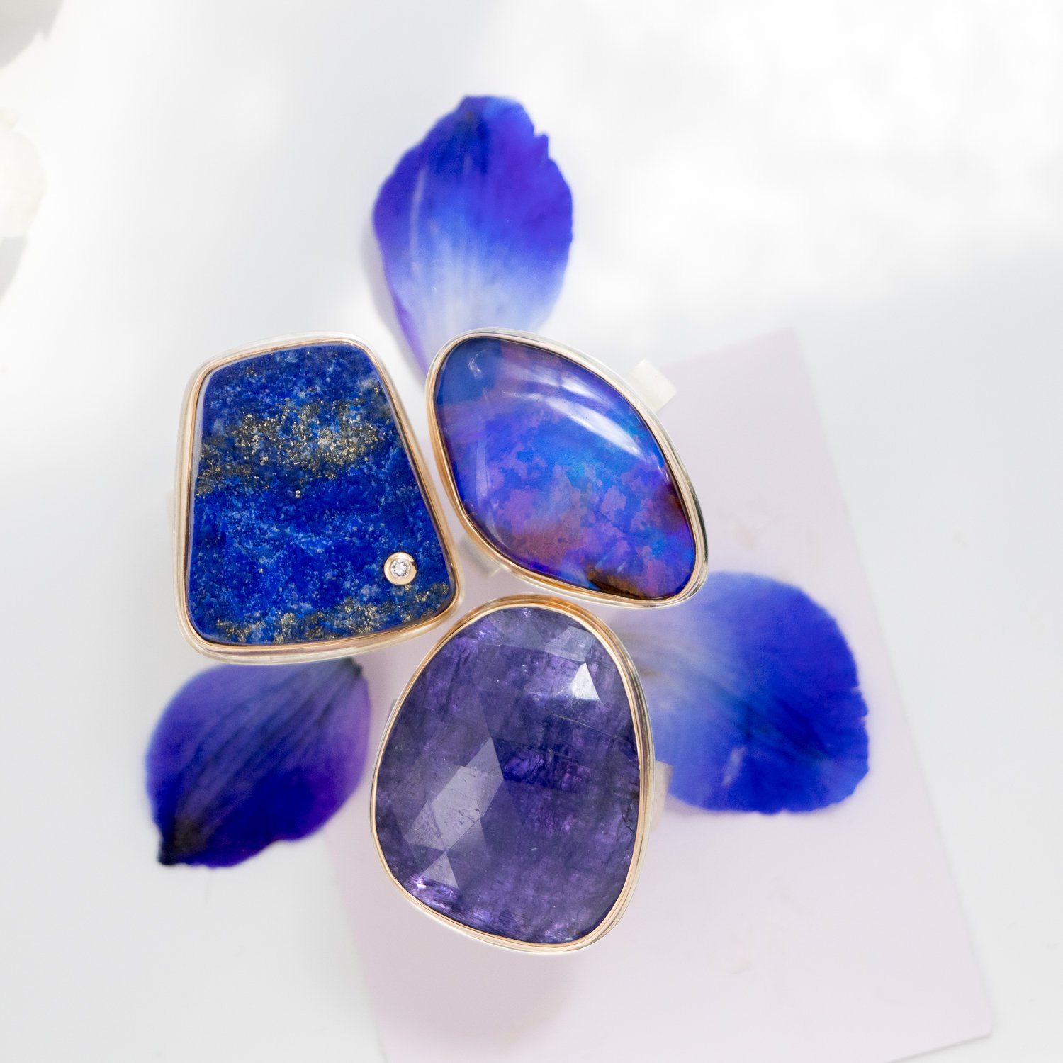 Jamie Joseph: SS and 14k Gold Ring w/ asymmetrical boulder opal on y band