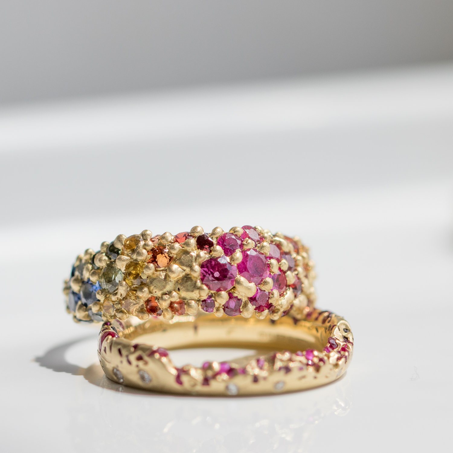 Hot Pink Rainbow Sapphire Fade Ring in 18k yellow gold by jewelry designer Polly Wales
