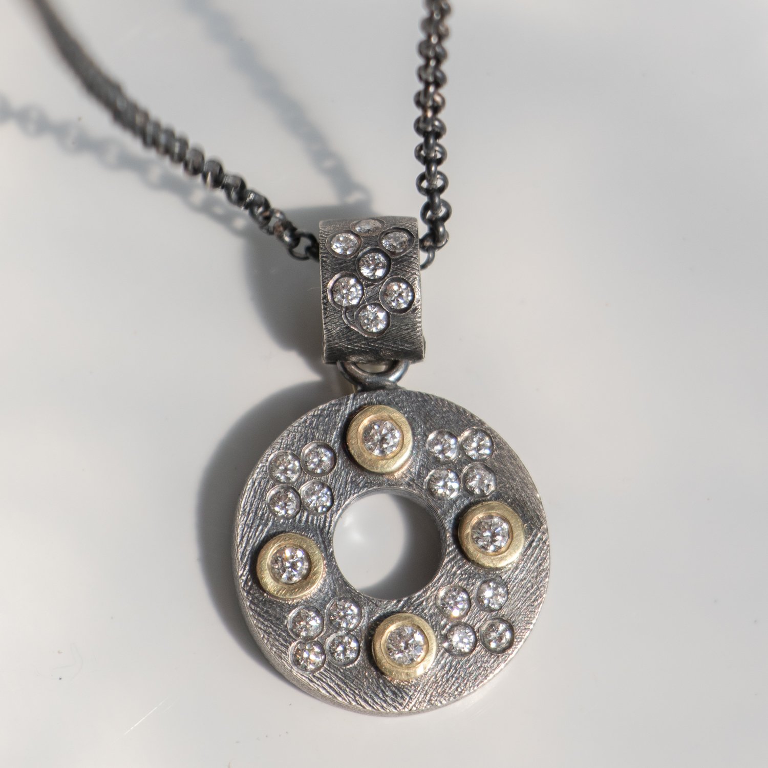 Rene Escobar: S. Silver & Diamond Medium Round Pendant 18k Yellow BZ