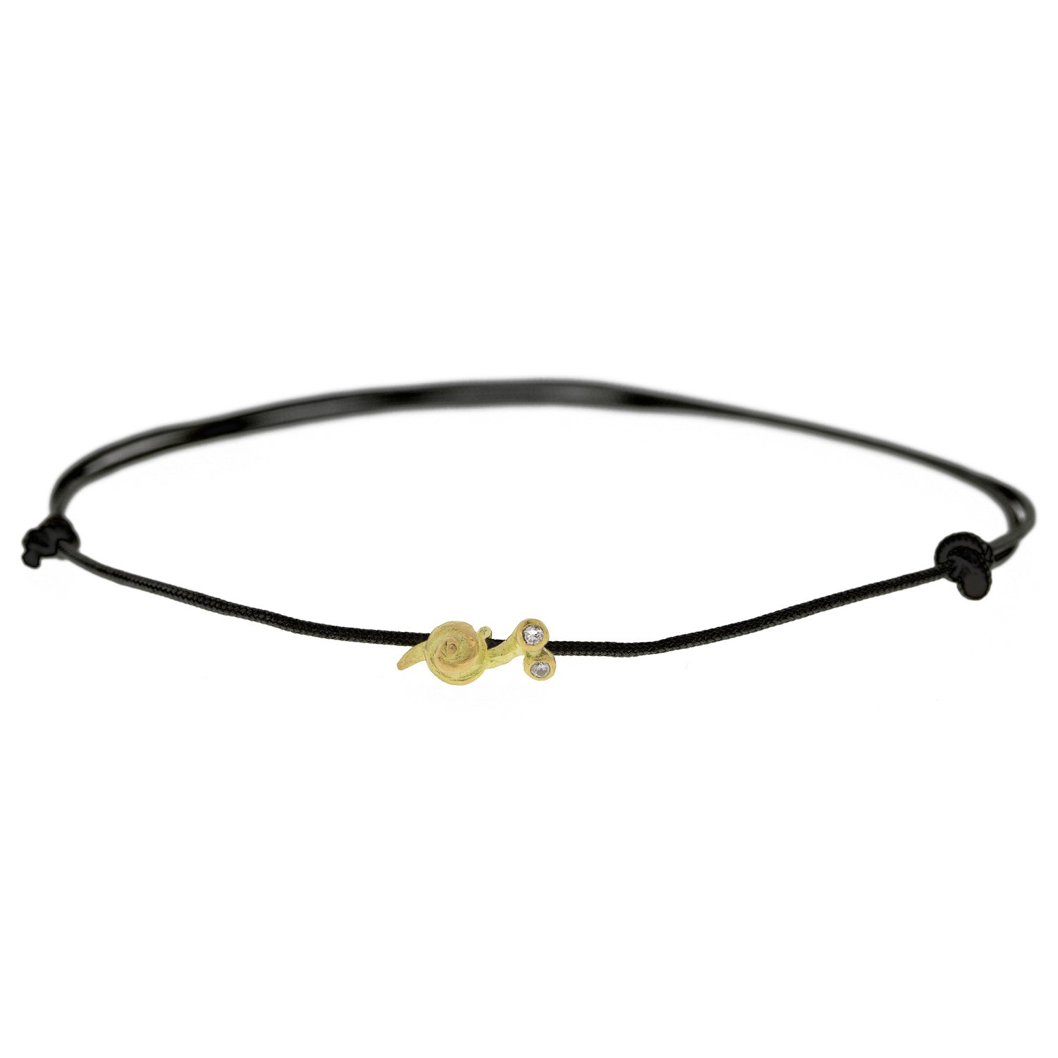 Lene Vibe: Bracelet with 18K gold snail on black cord with diamond eyes 7/16" x 3/16"