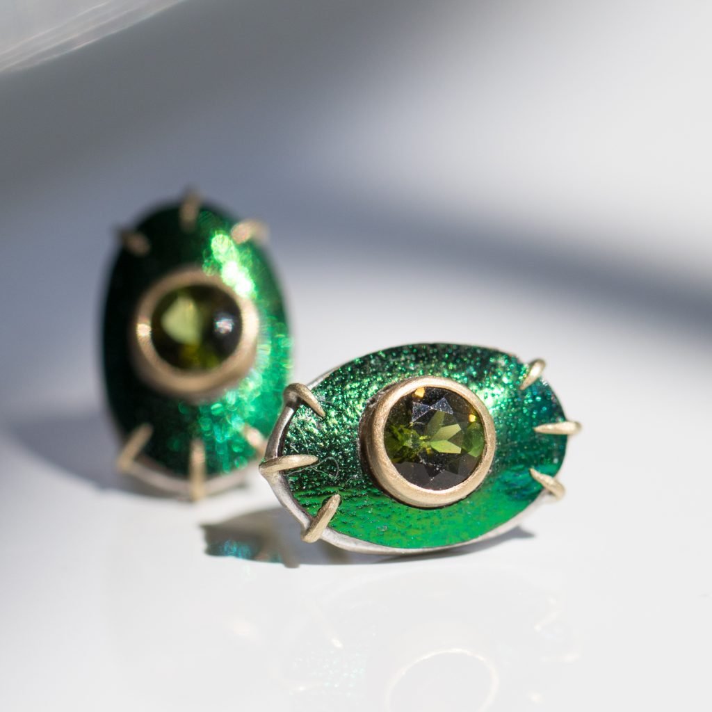 Beetle Wing & Tourmaline Stud Earrings by jewelry artist Hannah Blount