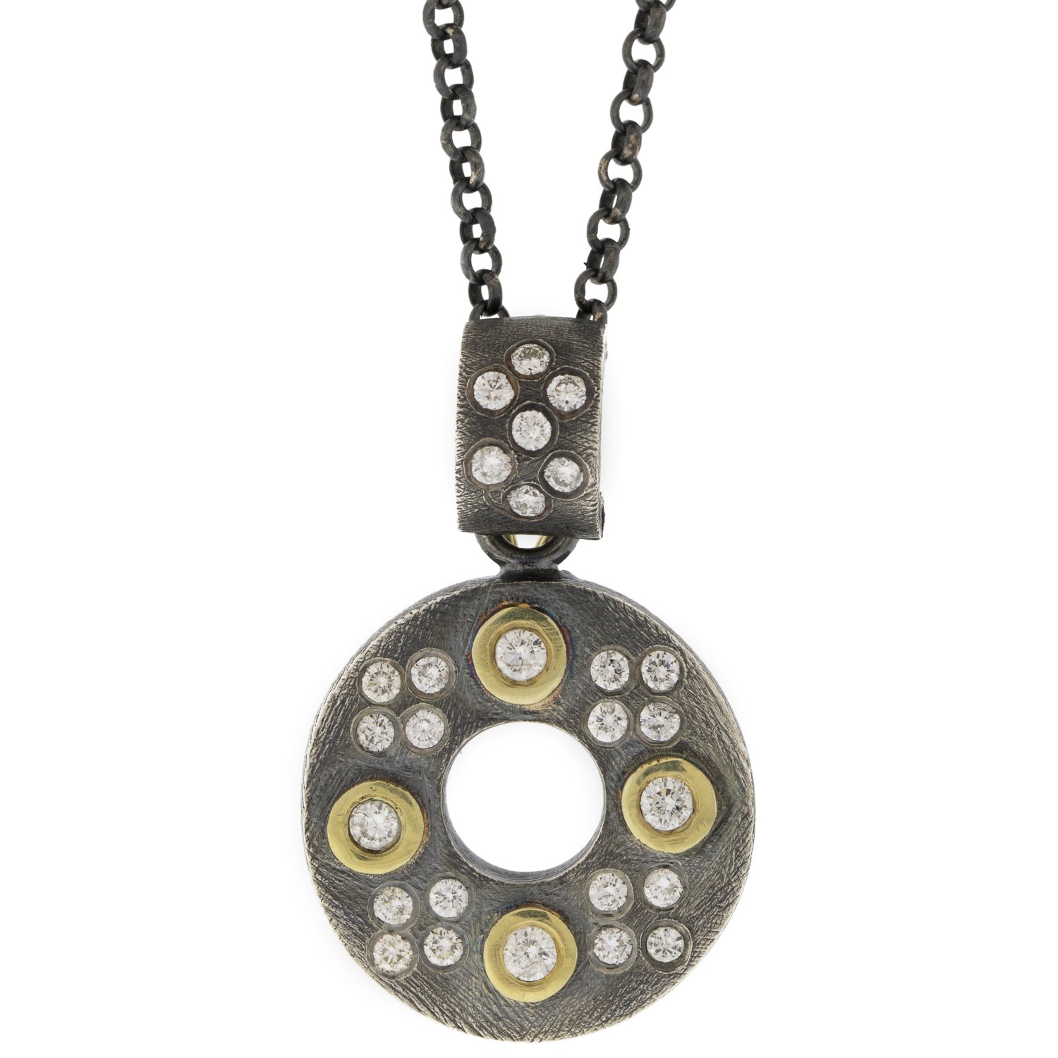 silver necklace with diamonds and gold by jewelry designer rene escobar