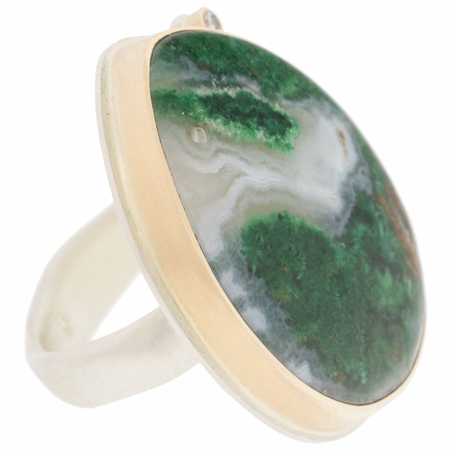 Jamie Joseph: Sterling and 14K gold ring w/ large vertical teardrop gem silica in quartz & .03ct satellite diamond on groovy band