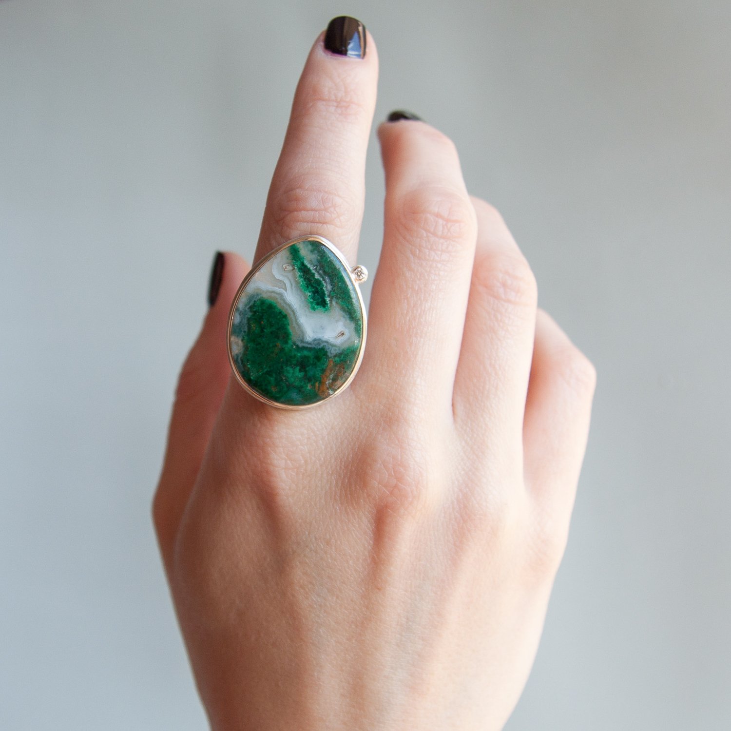 Jamie Joseph: Sterling and 14K gold ring w/ large vertical teardrop gem silica in quartz & .03ct satellite diamond on groovy band