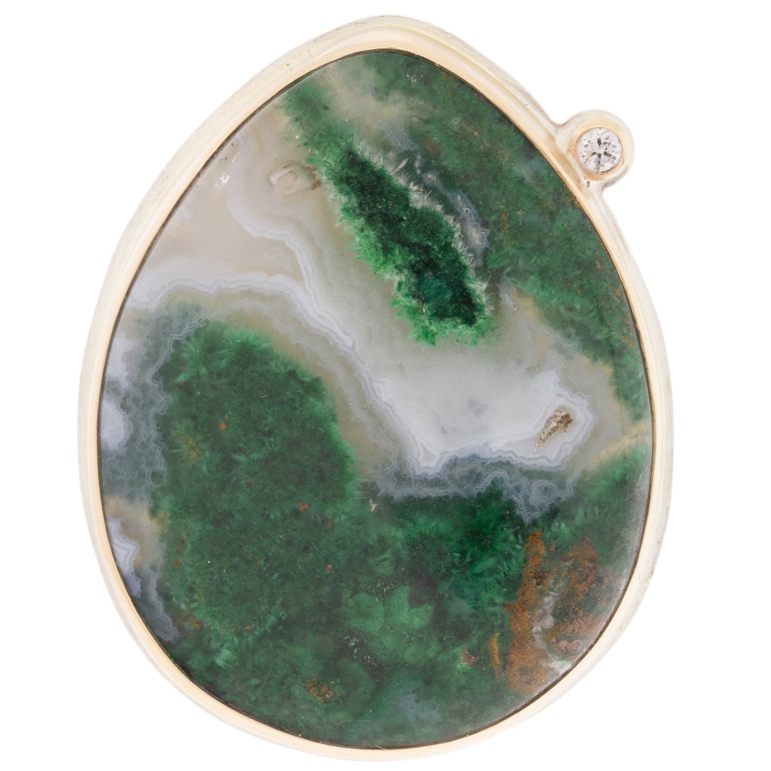 Jamie Joseph: Sterling and 14K gold ring w/ large vertical teardrop gem silica in quartz & .03ct satellite diamond on groovy band