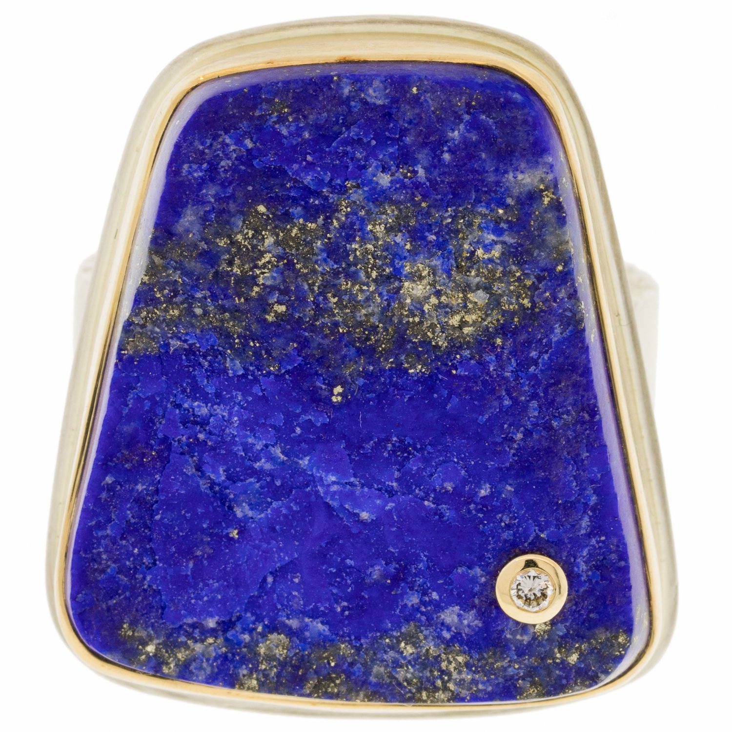 Jamie Joseph: SS and 14k Gold Ring w/ surface cut lapis trapezoid .03 diamond on pumice band