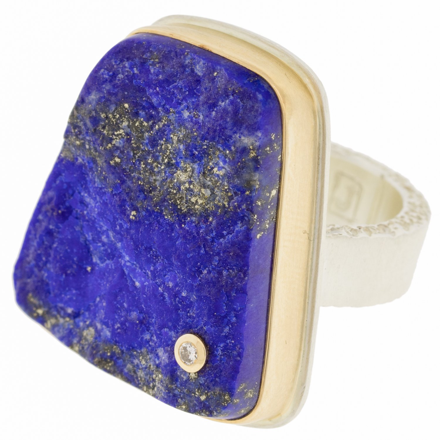 Jamie Joseph: SS and 14k Gold Ring w/ surface cut lapis trapezoid .03 diamond on pumice band