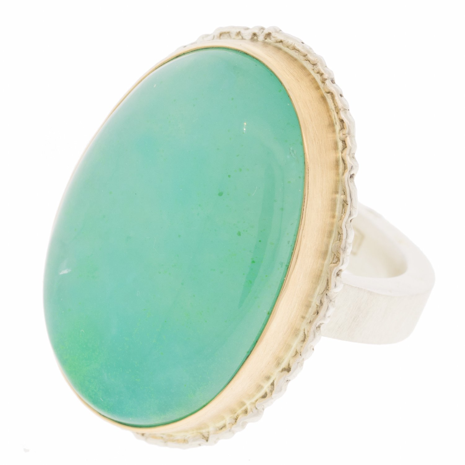 Jamie Joseph: sterling and 14K gold ring w/ large vertical oval gem silica on large platform and Y band