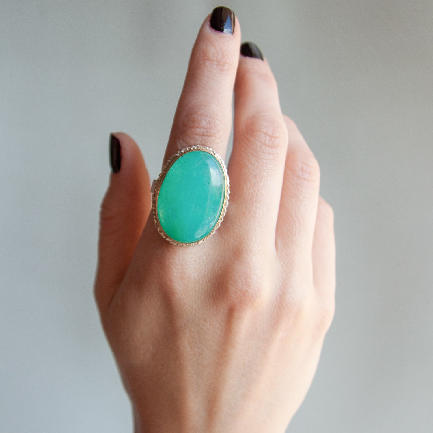 Jamie Joseph: sterling and 14K gold ring w/ large vertical oval gem silica on large platform and Y band